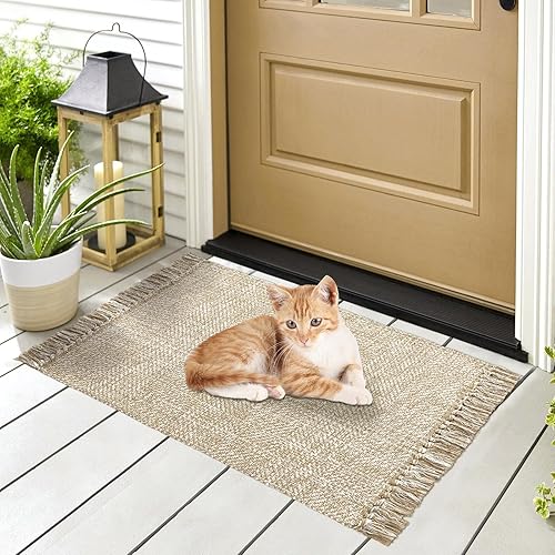 Miniatura 6 de MitoVilla Alfombra pequeña de baño bohemia de 2 x 3 pies, alfombra tejida de algodón color crema marrón para sala de estar, alfombra de cocina