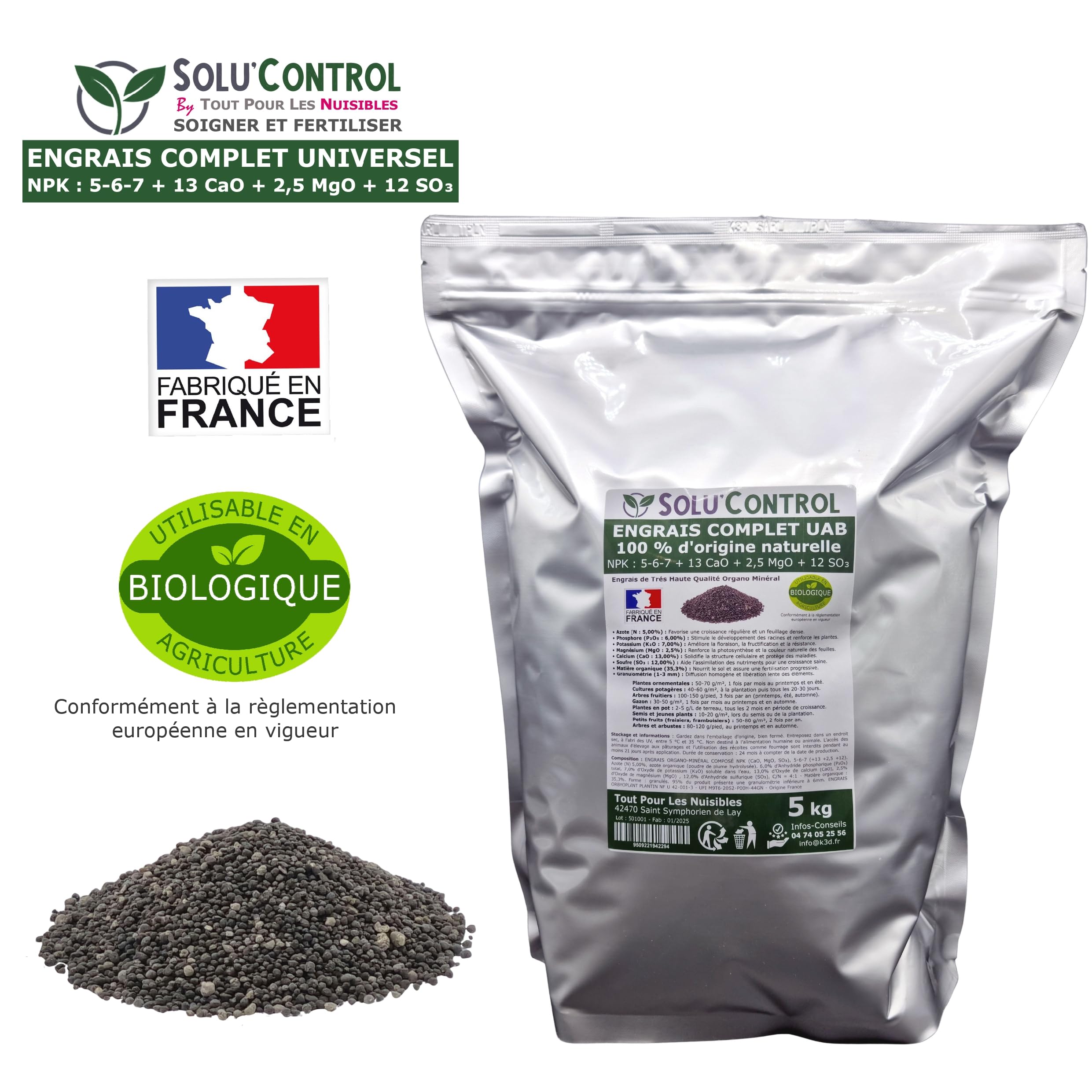 5 kg d'ENGRAIS COMPLET universel et équilibré - SoluControl - UAB - Utilisable en Agriculture BIOLOGIQUE