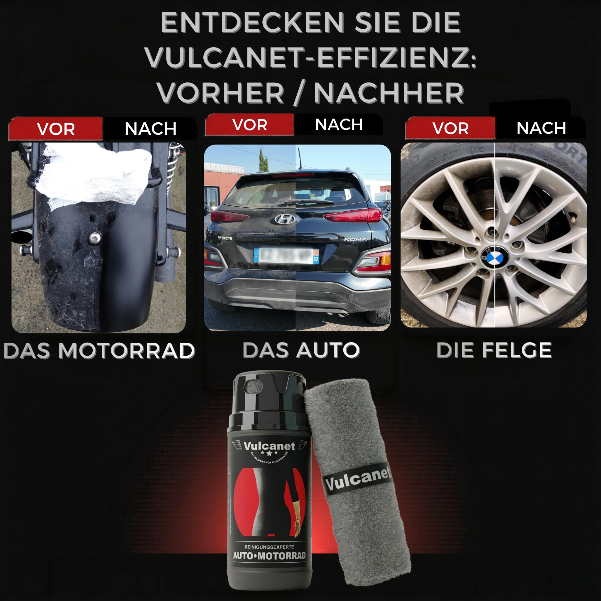 VULCANET Auto & Motorrad Reinigungsset für Experten, 80 Reinigungstücher + Inklusive Mikrofaser & Detailing Bürste – Reinigt, Poliert, Schützt – All-in-One Reiniger Karosserie, Felgen, Innenraum