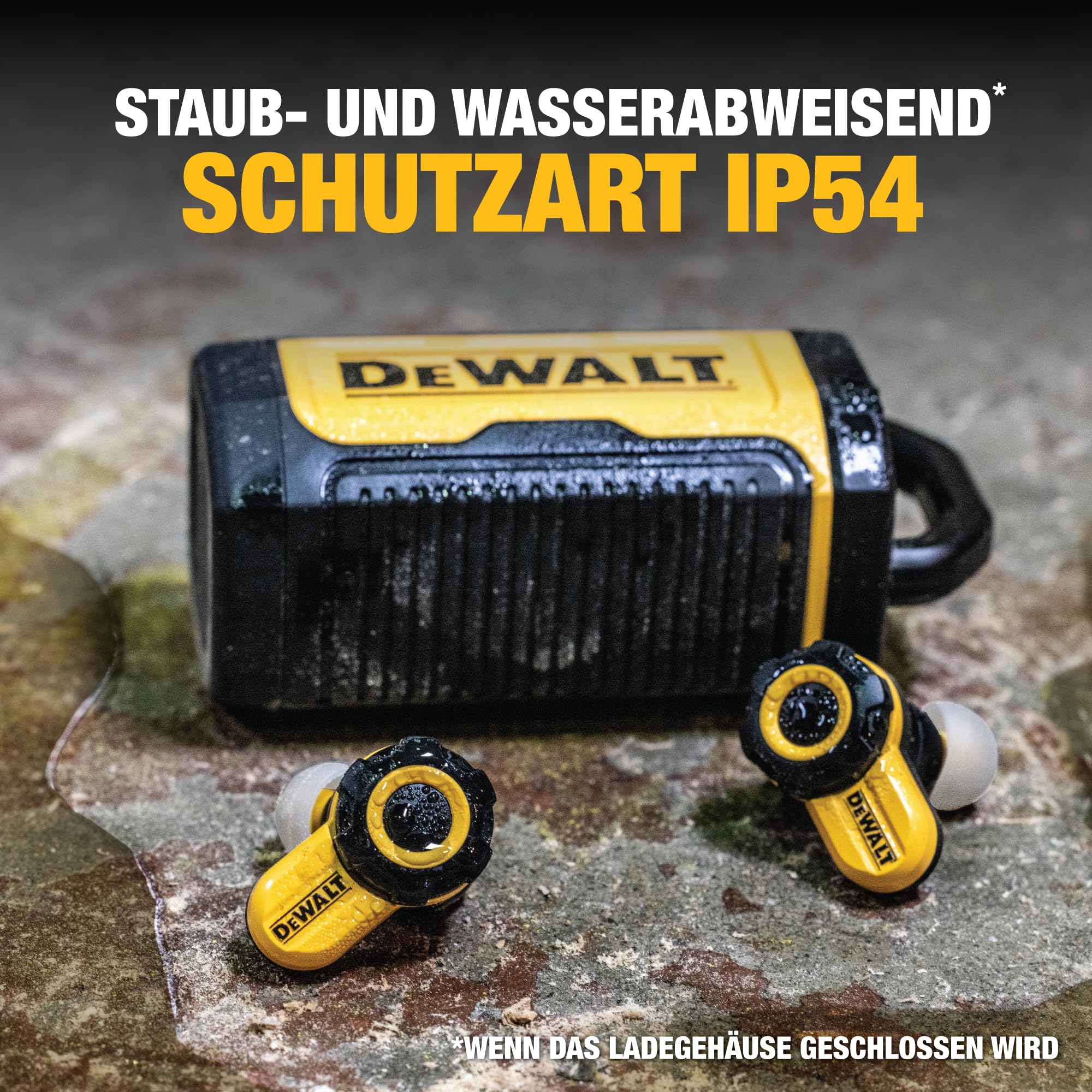 DEWALT Jobsite Pro X2 True Wireless Earbuds – Bluetooth 5.3 Kopfhörer mit Active Noise Cancelling, IP54 Staub- & Wasserschutz, 40 Std. Akkulaufzeit, Lautstärkeregelung, für Arbeit & Reisen