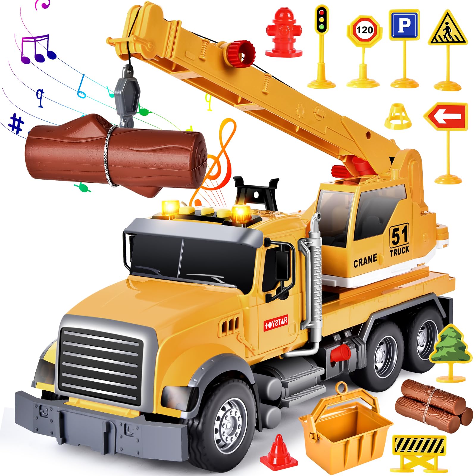 Aragallant Camion Grue Jouet Enfant, Grue de Chantier avec Son, Véhicule Chantier Jouet Garçons, Cadeaux pour Enfants de 5 à 7 Ans