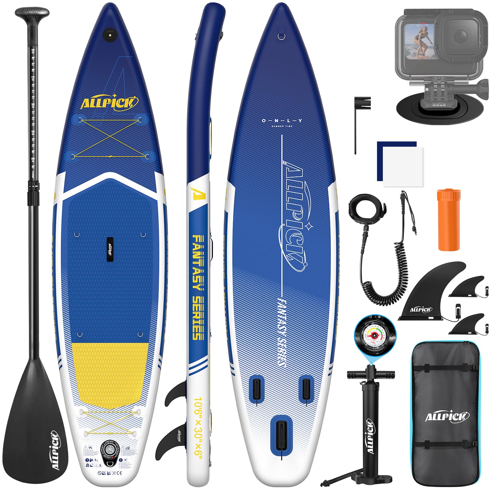 ALLPICK Sup Gonfiabile, Stand Up Paddle Board Gonfiabile, Con Supporto Universale per Fotocamera, Accessori Completi, Tavola da Sup Surf, Principianti e Avanzati, 150kg/180kg