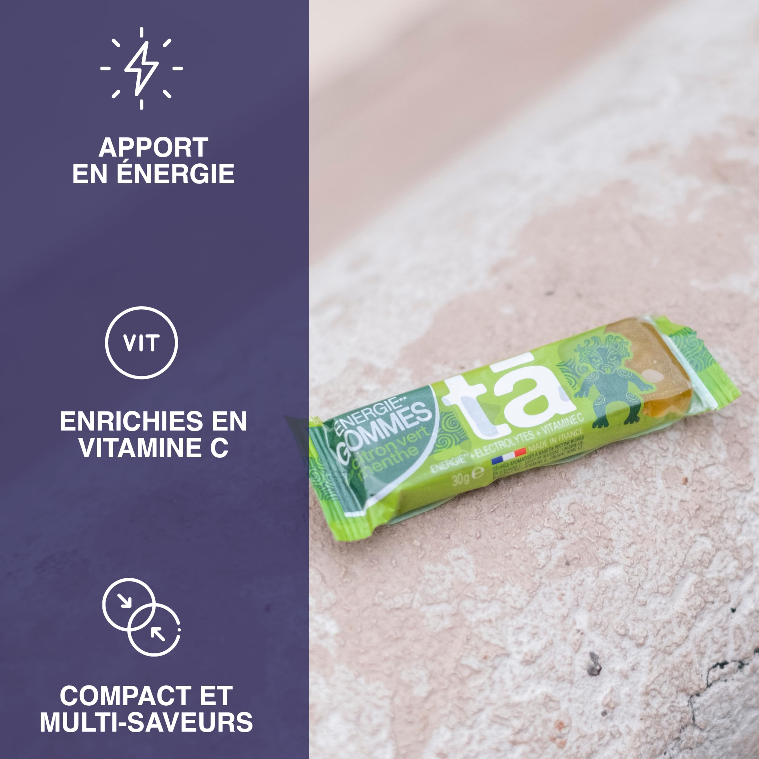 TA Énergies Gommes Citron – 24 x 30 g (Boîte) - Apport d’Énergie Instantanée | 24 g Glucides, 97Kcal, Électrolytes & Vitamine C – Made in France