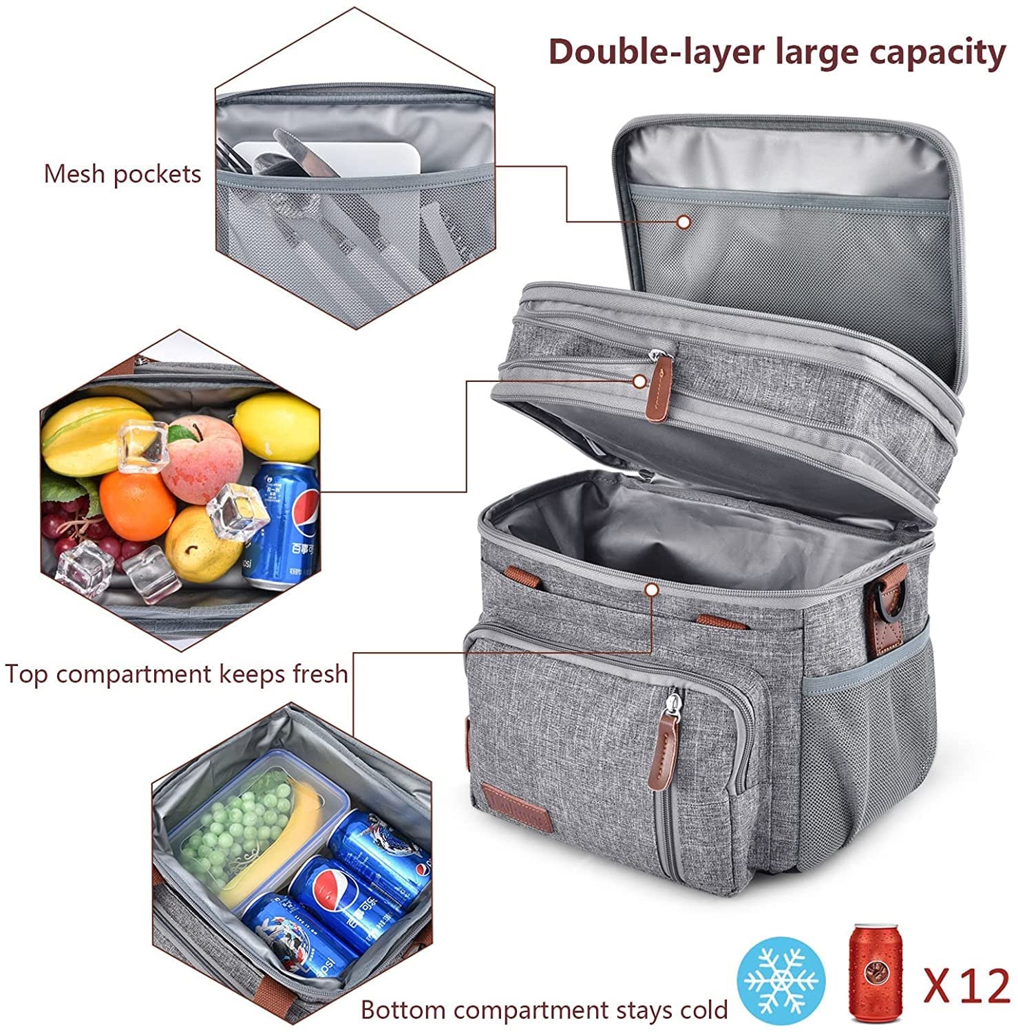 Bolsa de almuerzo de doble cubierta Bolsa de almuerzo reutilizable Bolsa de almuerzo grande a prueba de fugas Bolsas de almuerzo aisladas con correa para el hombro desmontable 2 formas de transporte