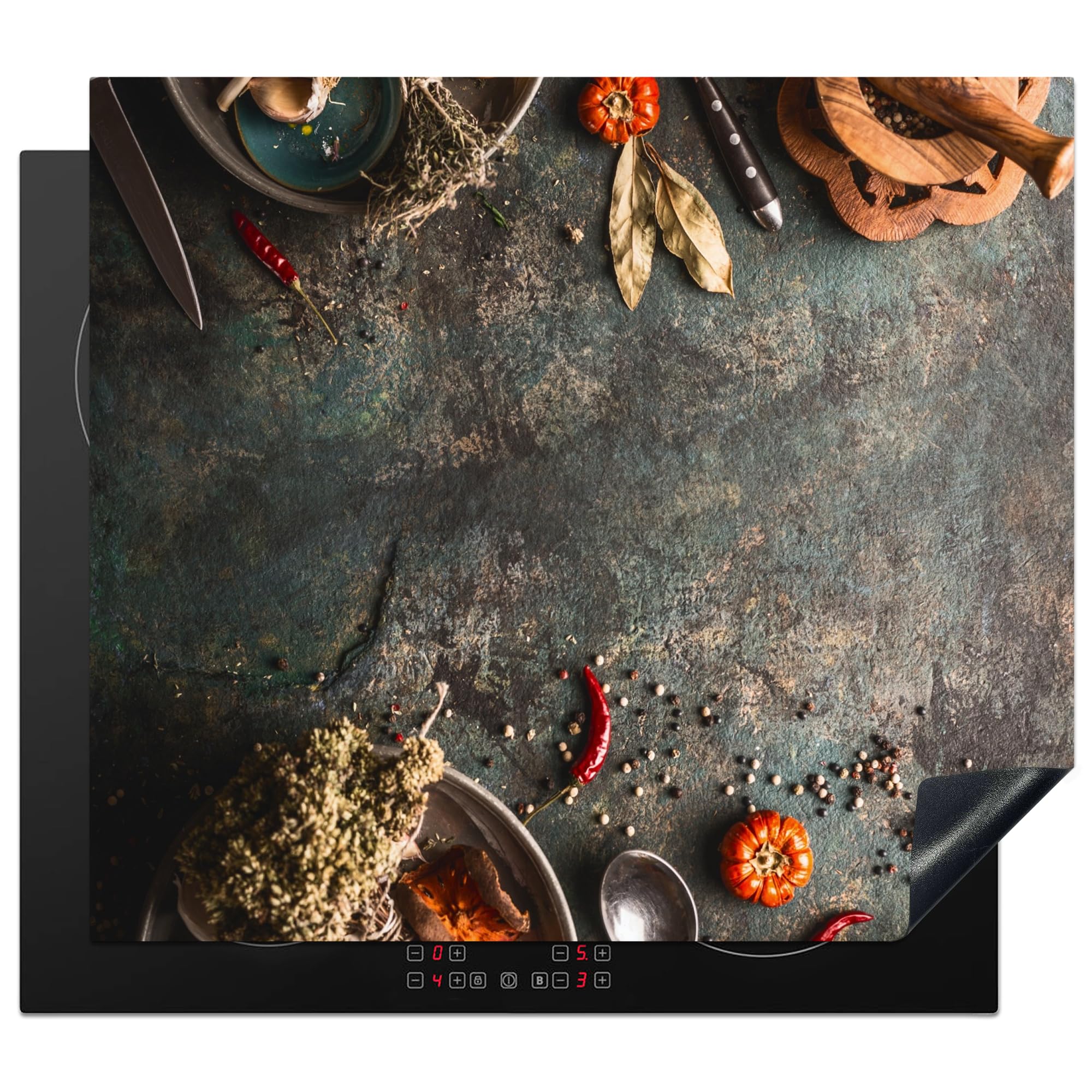 KitchenYeah© Herdabdeckplatte Einteilig Ceranfeld Abdeckplatte Küche Deko Ceranfeldabdeckung Herdabdeckung Induktionsmatte Marmor - Gemüse - Herbst - Kürbis - Rustikal - Gewürze - 60x52 cm