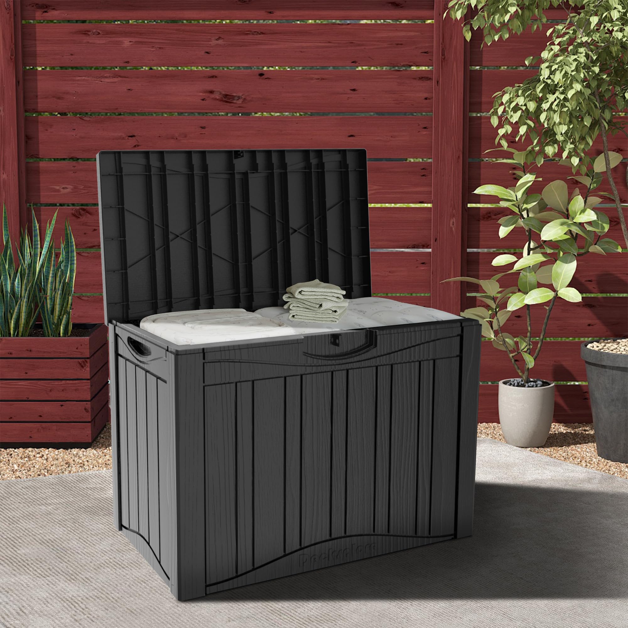50GAL Black Deck Box with Unique Pattern and Lock Hole - Waterproof, Durable Resin Construction, SGS Sun Protection, Ideal for Storing Outdoor Furniture Covers, Effortless Assembly
