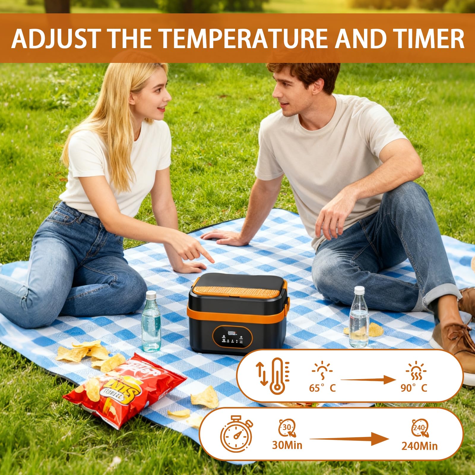 Fiambrera Eléctrica con Batería de 18.000 mAh, Fiambrera Térmica de 1,5 L de Acero Inoxidable 304, Calentamiento Rápido de 60 W, Recipiente Extraíble con Tenedor & Cuchara