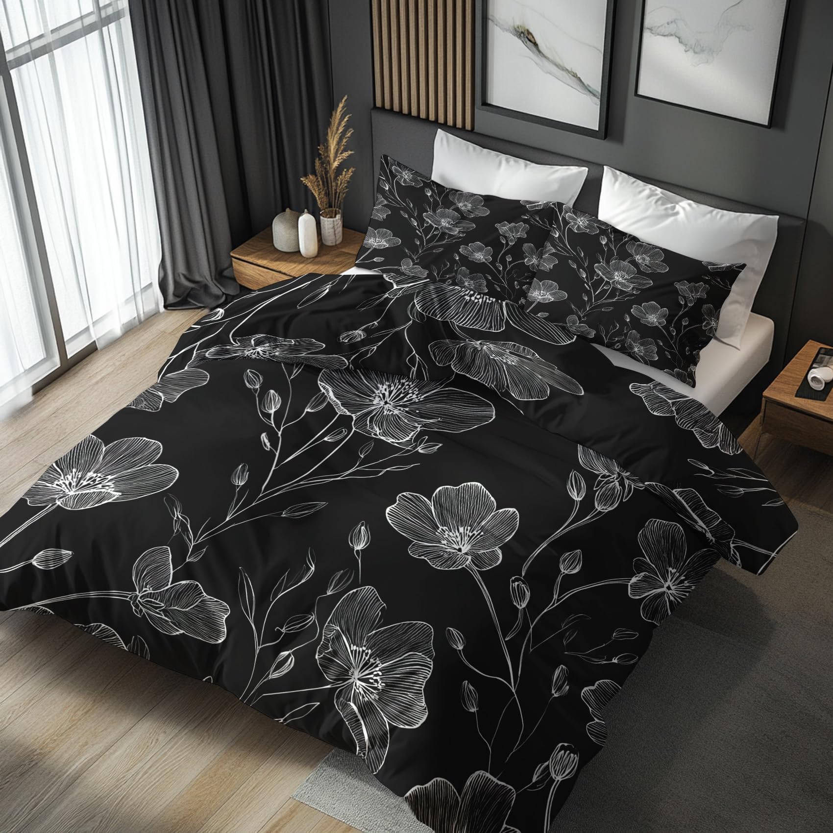 Housse de couette 240x260 fleurs noires et blanches avec 2 taies d'oreiller lit 2 personnes