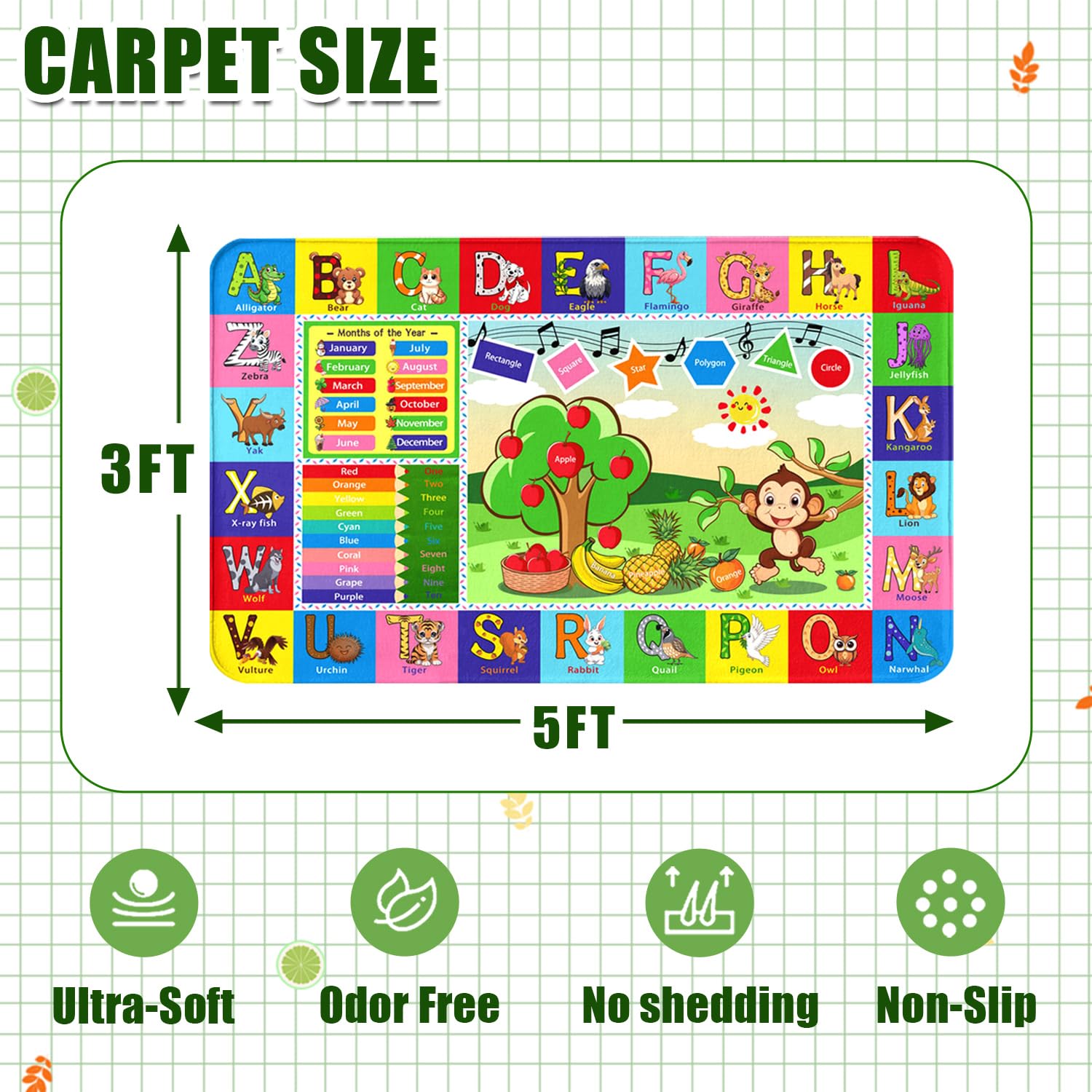 ABC-Teppich, Kinderteppich, 90 x 150 cm, lustiger Teppich für Kinderzimmer, ABC-Alphabet, Klassenzimmer, Bodenmatte, Lernteppich für Zimmer, Wohnzimmer, Kinderzimmer, Kleinkinder