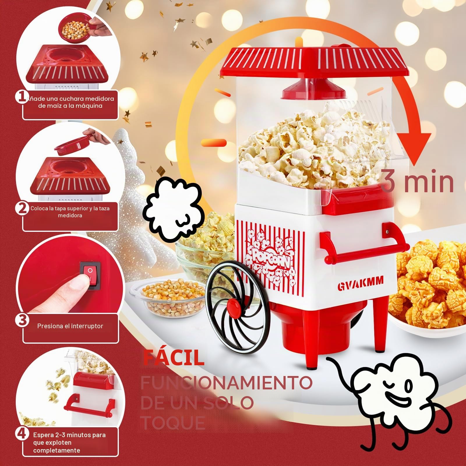 Máquina de palomitas de maíz, kit de máquina de hacer palomitas de maíz de aire caliente, caja de regalo, máquina portátil de palomitas de maíz para el hogar, 10 tazas, sin aceite, estilo retro