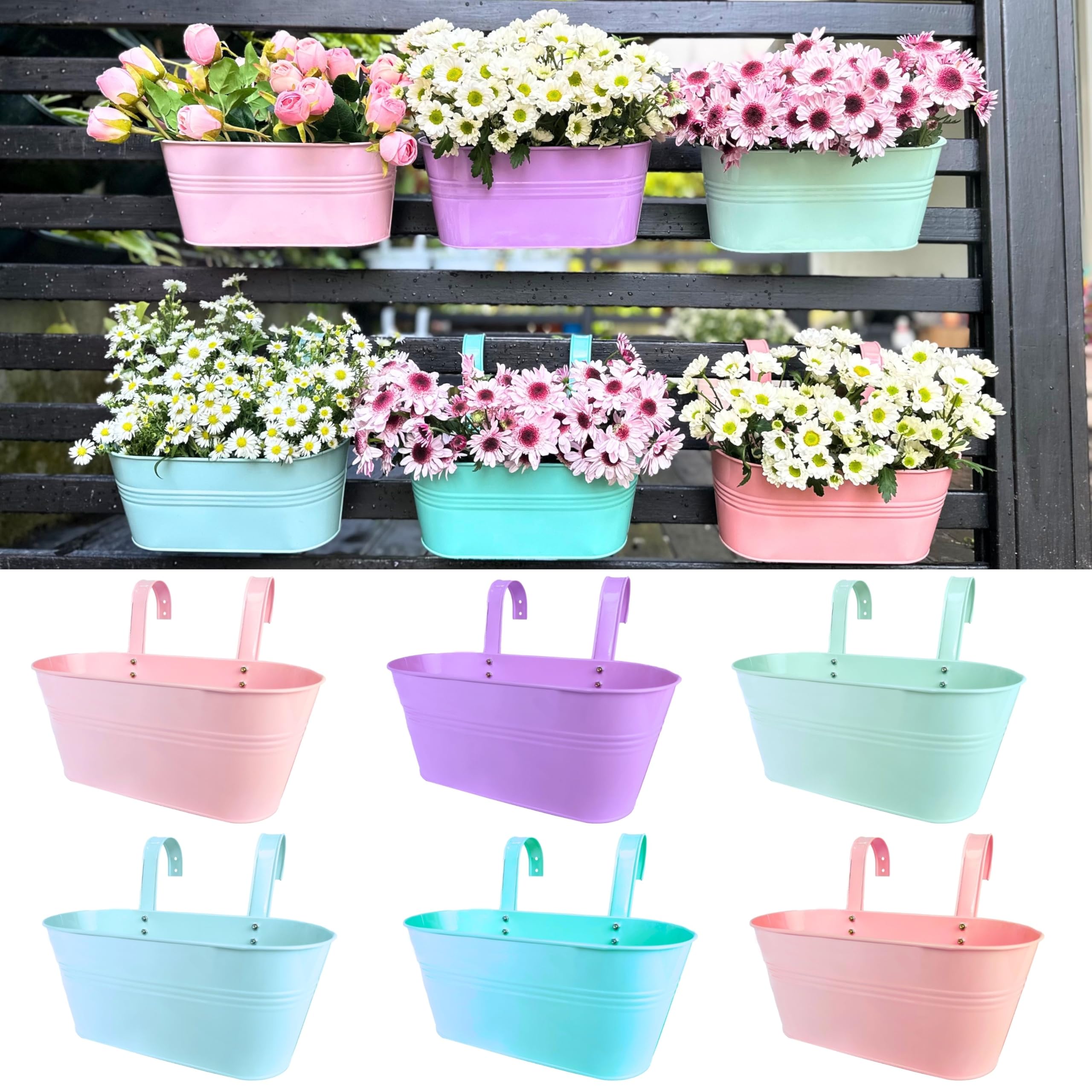 LaLaGreen Outdoor Hanging Planter (11.2 Inch, 6 Pack) Light Pink, Light Purple, Turquoise, Light Blue, Peachy Pink, Cadet Blue Metal Iron Window Flower Pot Deck Railing Balcony Fence Rail Garden Decor