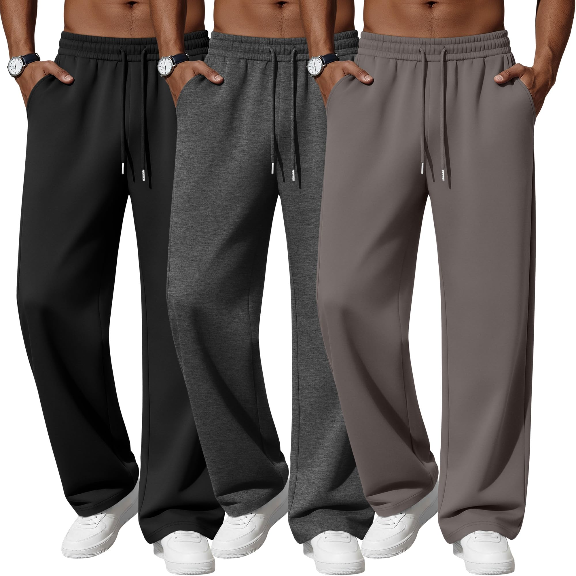 Neer 3 Pantalons de Détente pour Homme, Légers, à Jambes Ouvertes et Coupe Ample, avec Cordon de Serrage et 3 Poches