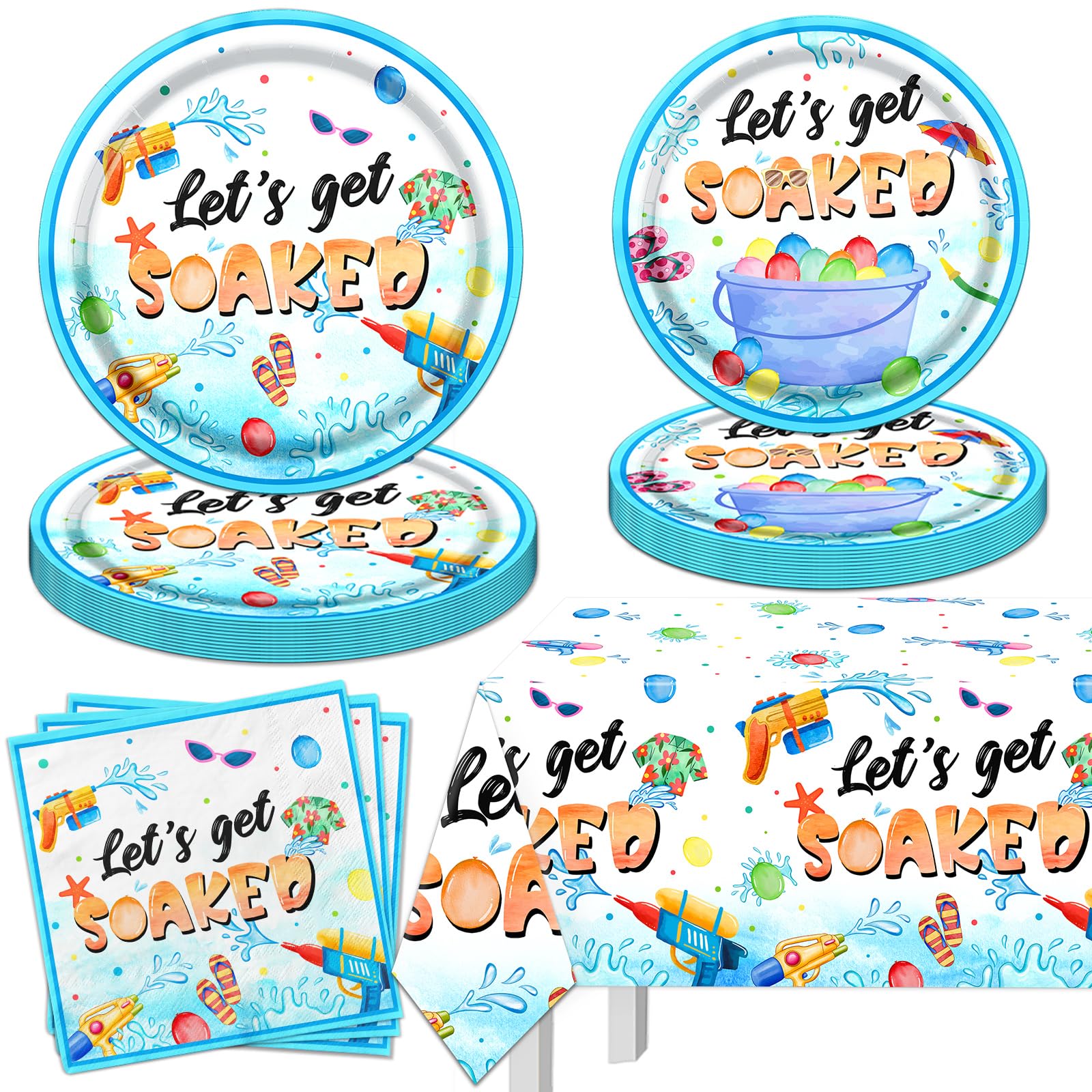 Summer Party Decorations,Pool Party Supplies Tableware Set,Let's Get Soaked Water Gun Pool Party Include Dinner Plates,Napkins,Tablecloth,for Summer Beach Kids' Birthday Hawaiian Decorations