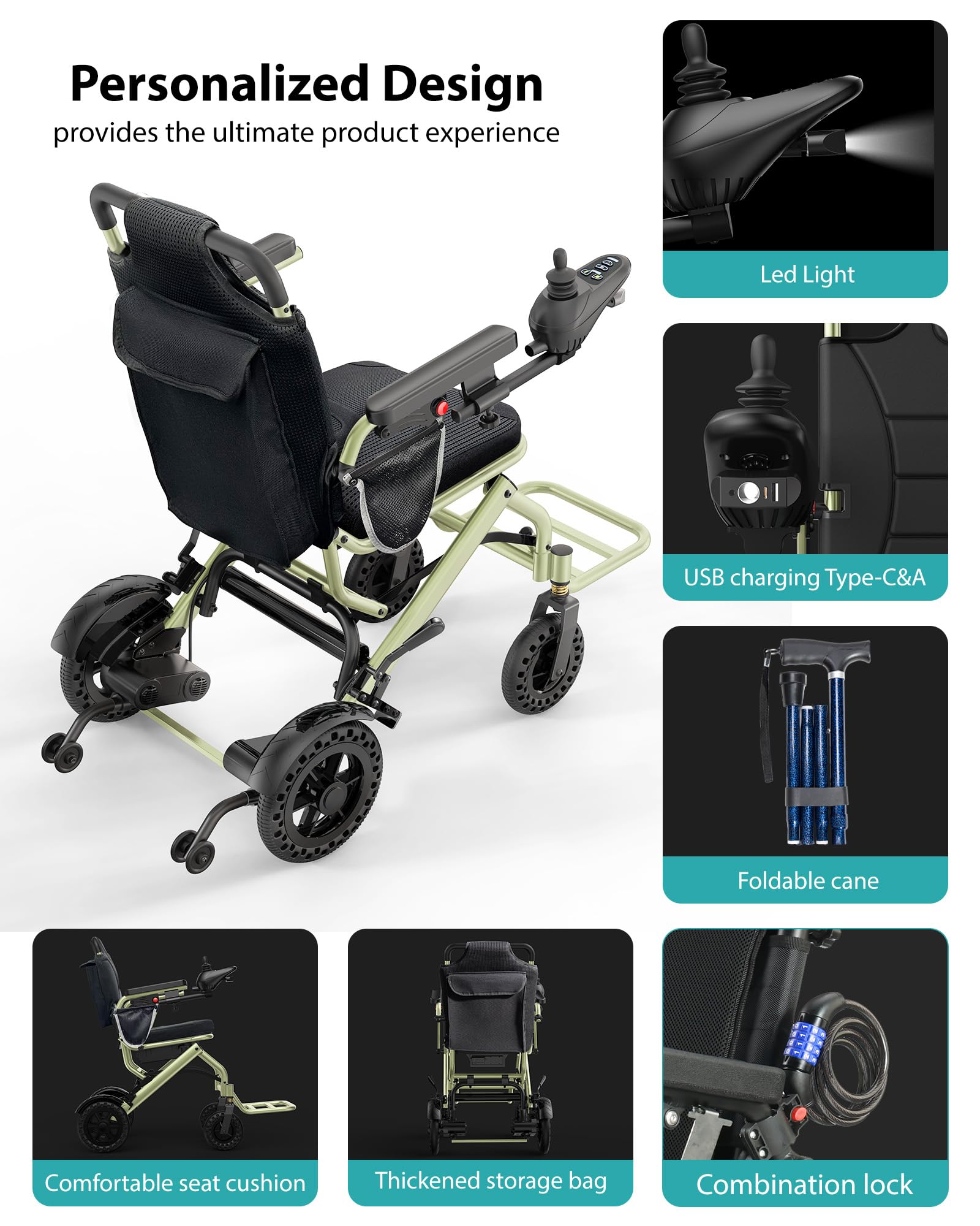 Fauteuil roulant électrique léger pliable pour adultes et personnes âgées - Environ 15 kg - Convient pour l'avion - Charge maximale : 150 kg - Portée jusqu'à 24 km - Moteur 360 W - Portable pour les