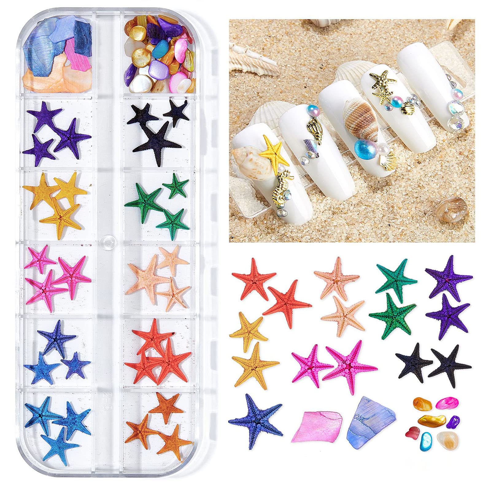 12 Grids Nail Art Rhinestones Accessories Ocean series Natural shell slices, Abalone Slices, Starfish, Metal rivets, Pearls, Small Stones,etc. For Nail Art Designs DIY Manicure Decoration (C11)