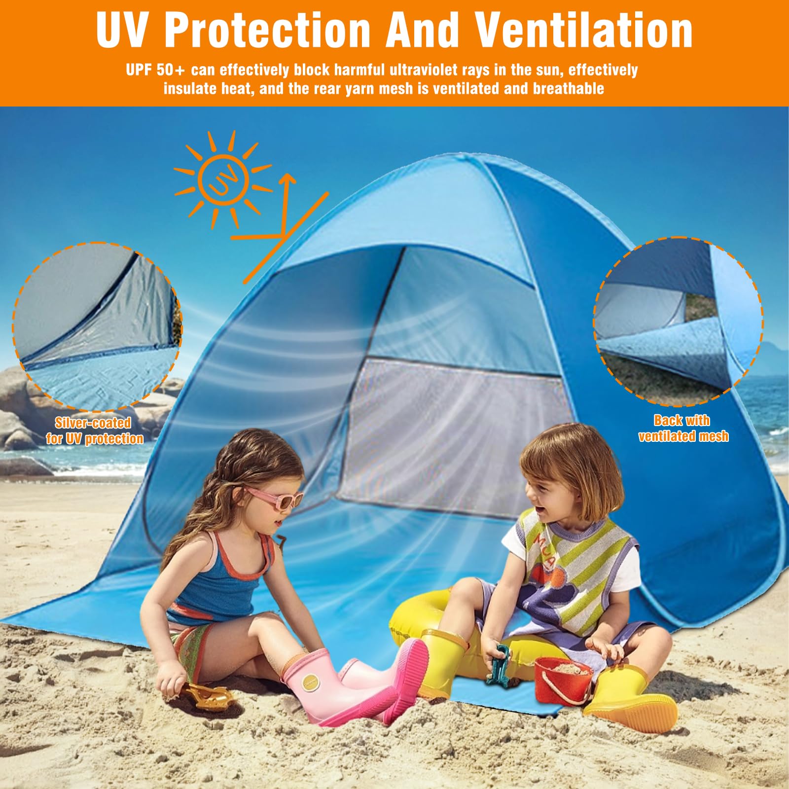 Tenda Campeggio Spiaggia Pop-up con Borsa & Picchetti,Tenda Antivento Protezione Solare per 2-3 Persone,Tenda Mare Portatile & Facile Installare per Esterni Pesca, Vacanza Viaggi, Giardino(Blue)