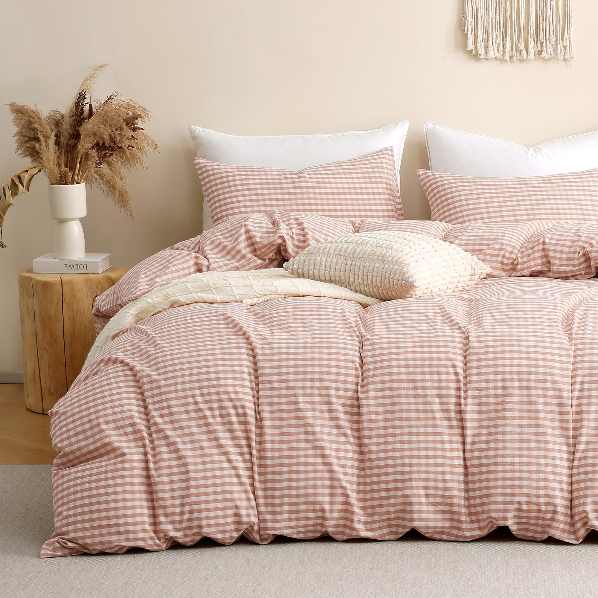 TOCOMOA Gingham Duvet Cover Set 100% Washed Cotton Like Linen, King