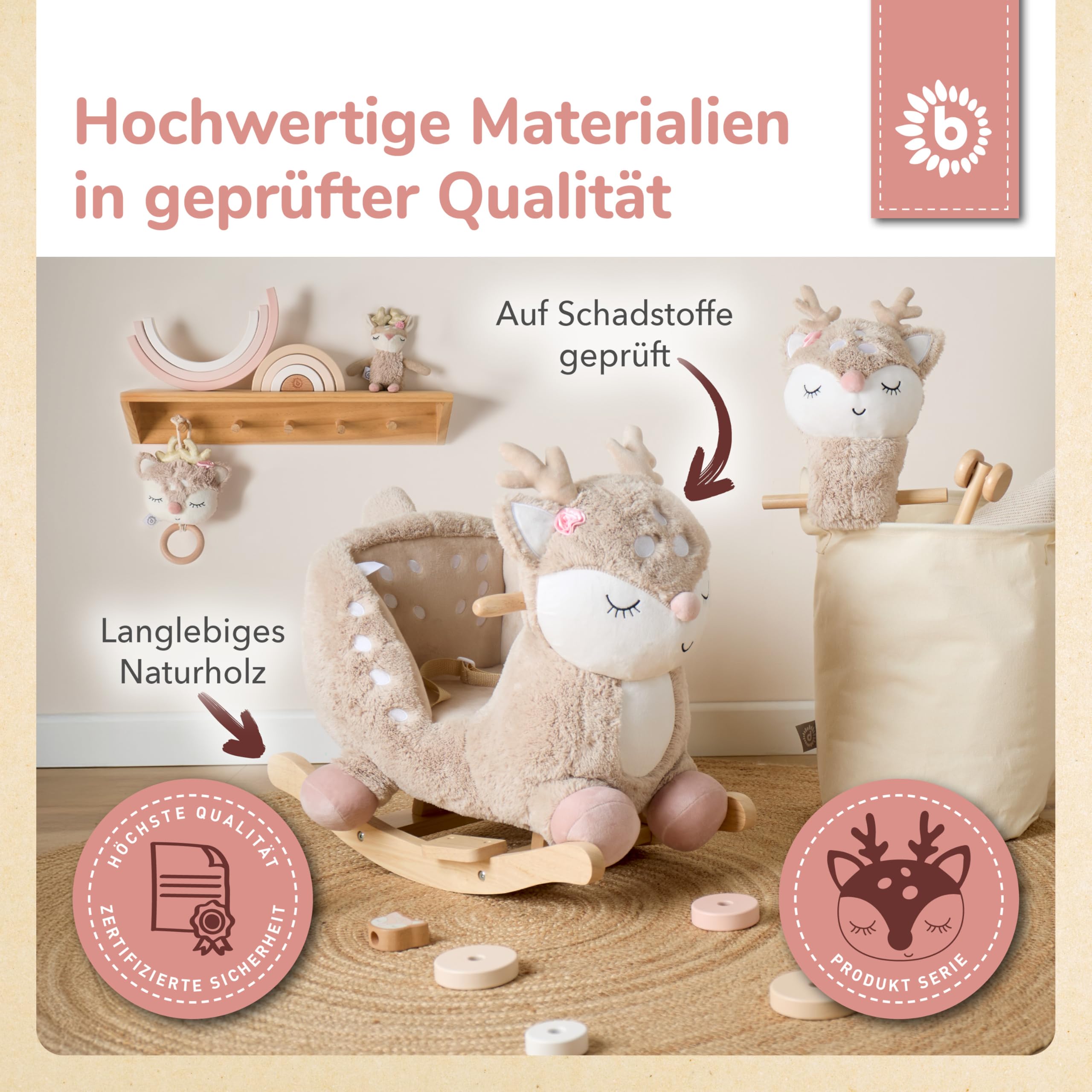 Bieco Plüsch Schaukeltier REH, 60 cm | Kinder Schaukelstuhl mit Sicherheitsgurt | Baby Schaukel | Schaukel Kleinkind | Schaukeltier Baby Schaukelwippe ab 9 Monate | Schaukelpferd Holz