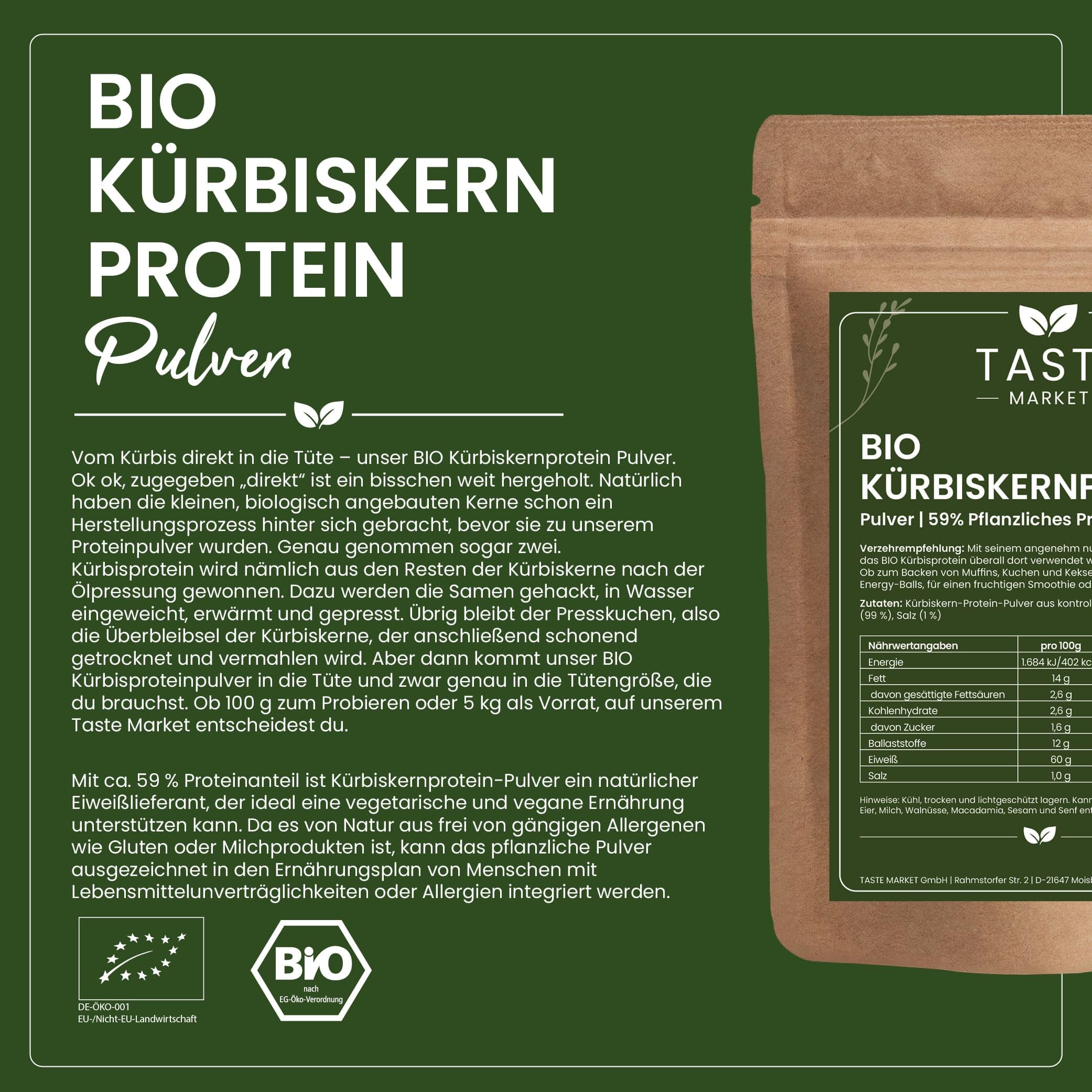 5 kg BIO Kürbiskern Protein Pulver | 59% Protein | veganes Eiweißpulver | 100% natürlich | ohne Zusätze | Taste Market