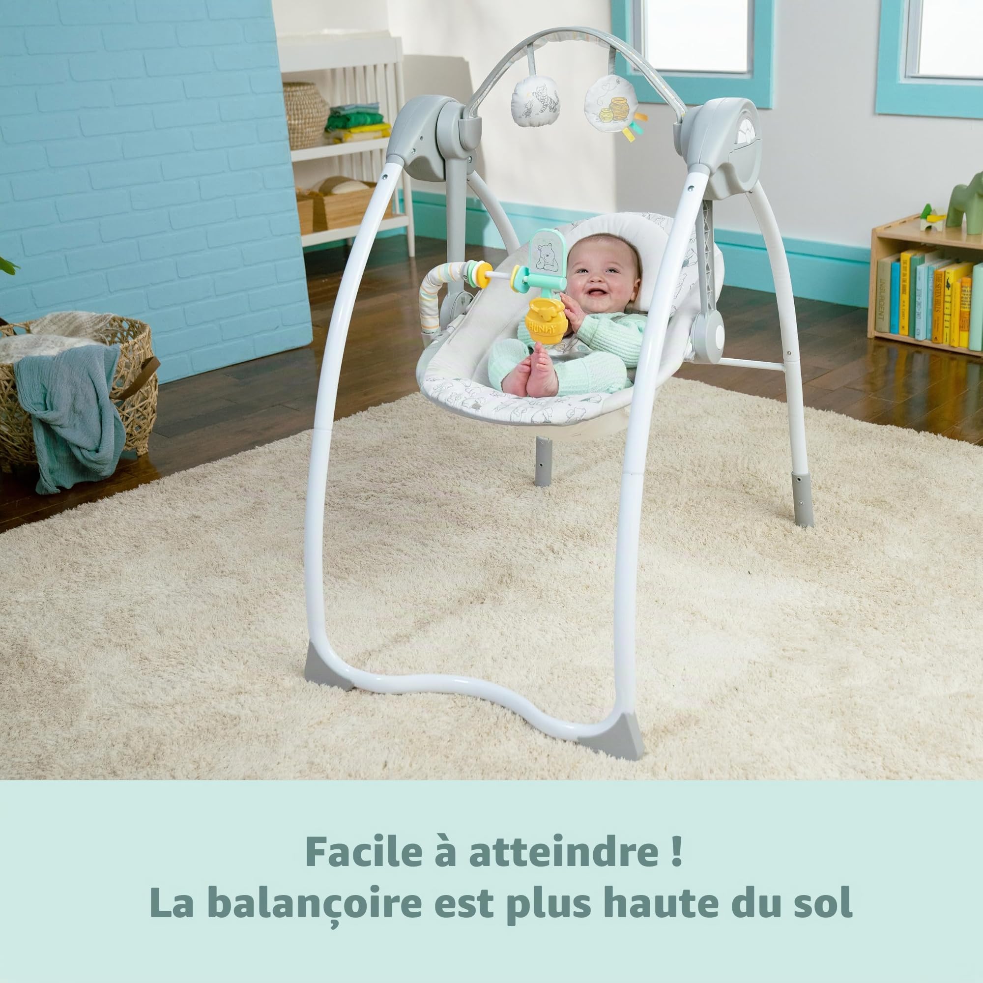 Disney Baby Balancelle Bébé Winnie l'Ourson par Bright Starts, 6 Vitesses de Balancement et Minuterie, Pliable, Barre à Jouets Amovible, Unisexe, Nouveau-né - 9 kg
