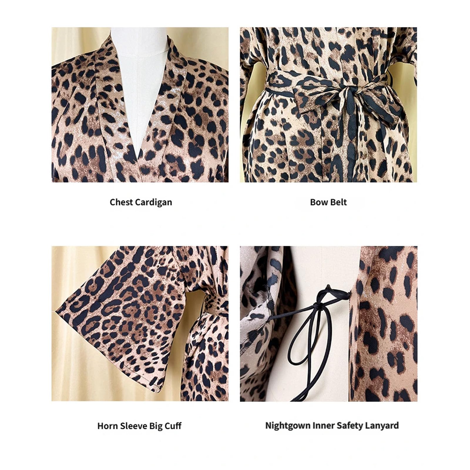Nachtwäsche Set mit Leopardenmuster, abnehmbarem, gepolstertem BH und Robe mit, elegantes Pyjama Kleid für Damen, Damen Nachtwäsche