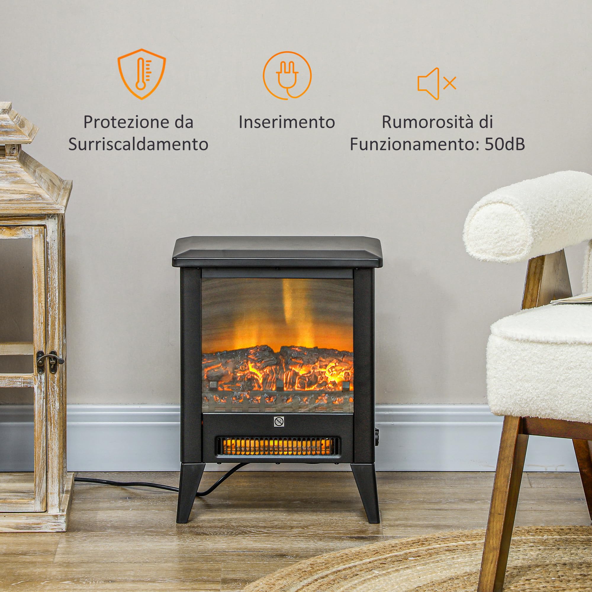 HOMCOM Camino Elettrico da Terra con Effetto Fiamma 3D a 3 Intensità, 1800W Caminetto Elettrico con Spegnimento Automatico, Termostato, Risacaldamento Regolabile per Soggiorno, 30㎡, Nero