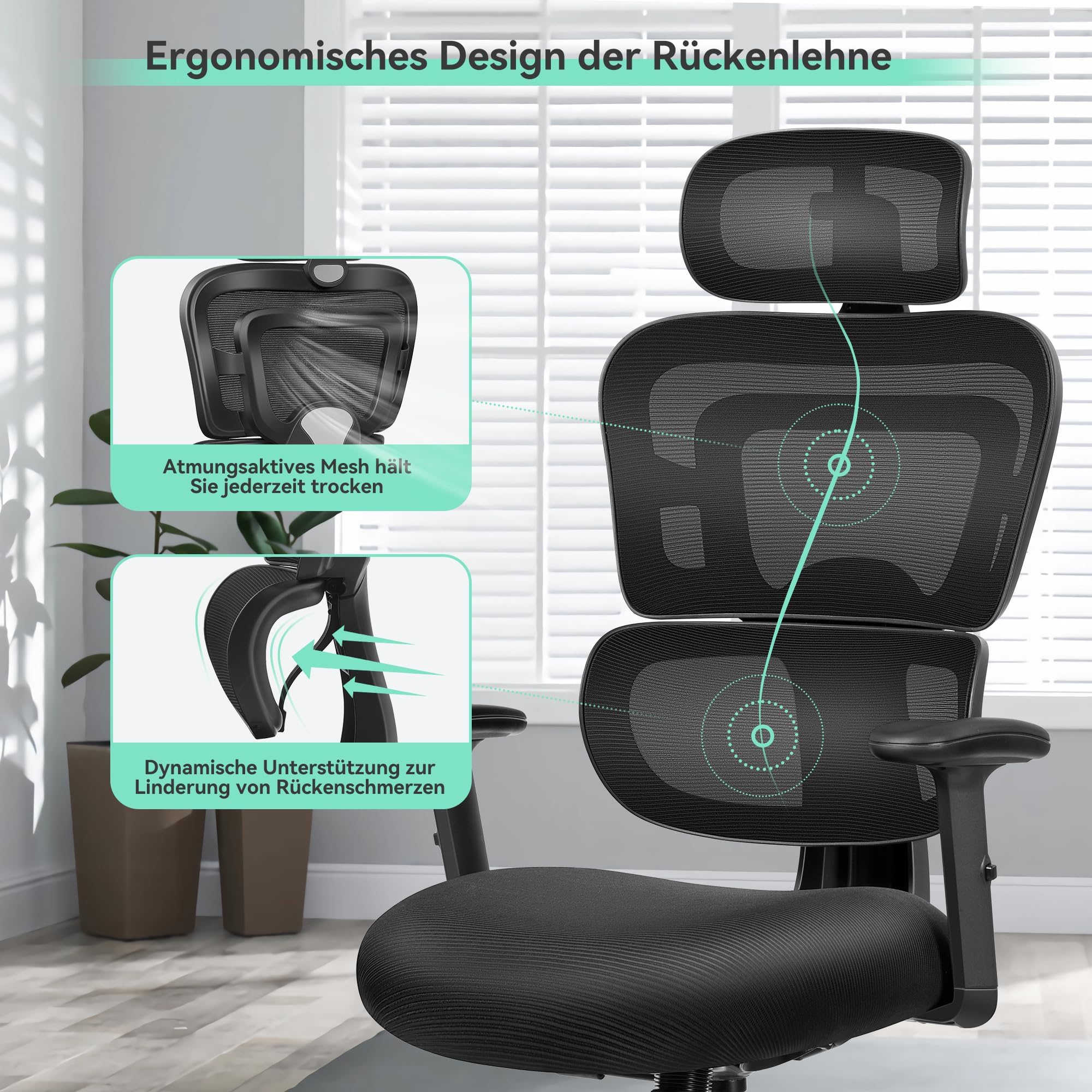 Sedia da ufficio, ergonomica, multifunzionale, in rete, per scrivania, 3D, poggiatesta e braccioli, regolabile in altezza, supporto dinamico, 150 kg, colore: nero