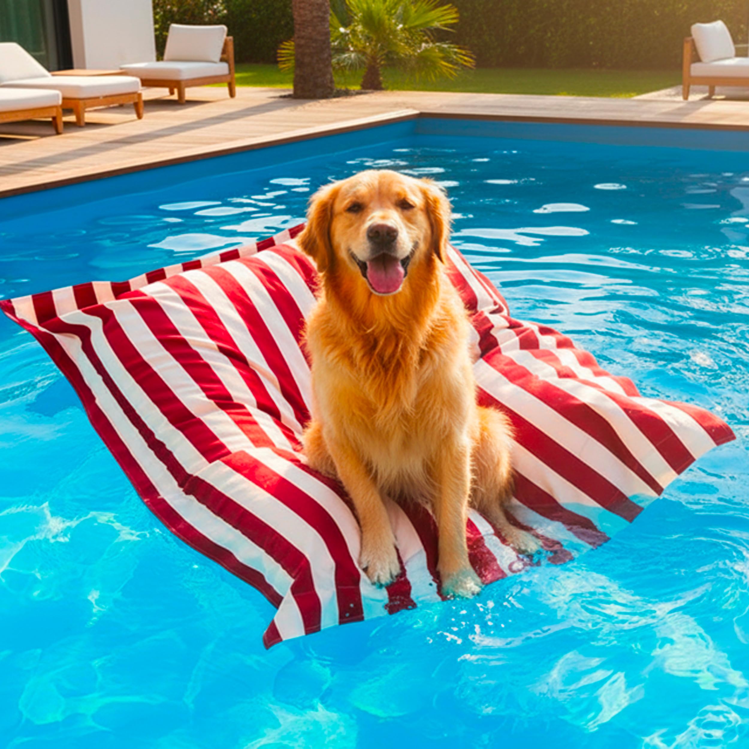 LIVEDECO – Puff Gigante XXL desenfundable, Flotante para Piscina, Rojo a Rayas Deauville Pool BiG52