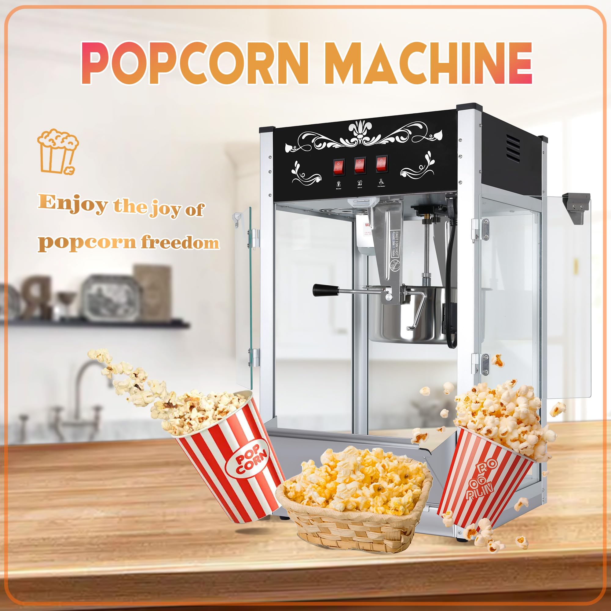 Nyddle Commercial Popcorn MAKER Machine, 16 Oz Kettle, 1440 W Countertop Popcorn Maker for 80 Cups per Batch, Theater Style Popcorn Maker Machine with 3-Switch Control Steel Frame Tempered Glass Doors