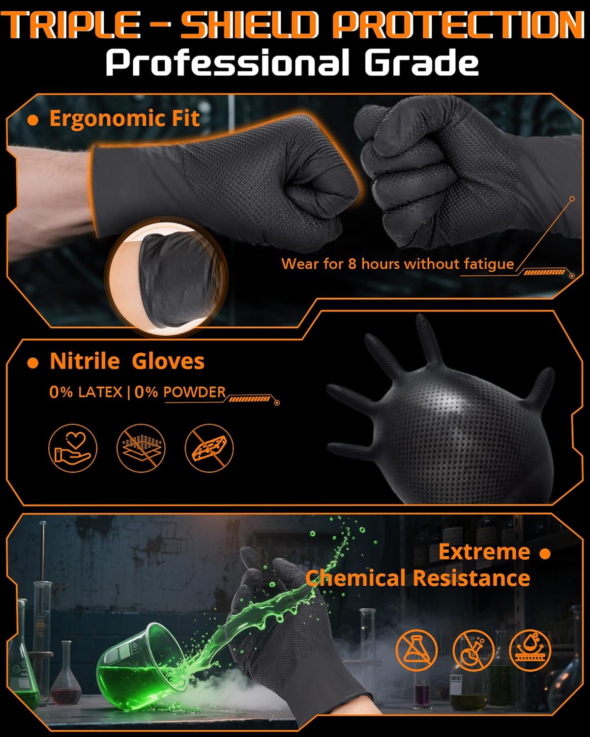 [2box] Heavy Duty Nitrile Gloves,Raised Diamond Texture Grip,Industrial Mechanic Rubber Gloves Disposable Latex Free Chemical Resistant Guantes for Work,Cooking,Food Safe