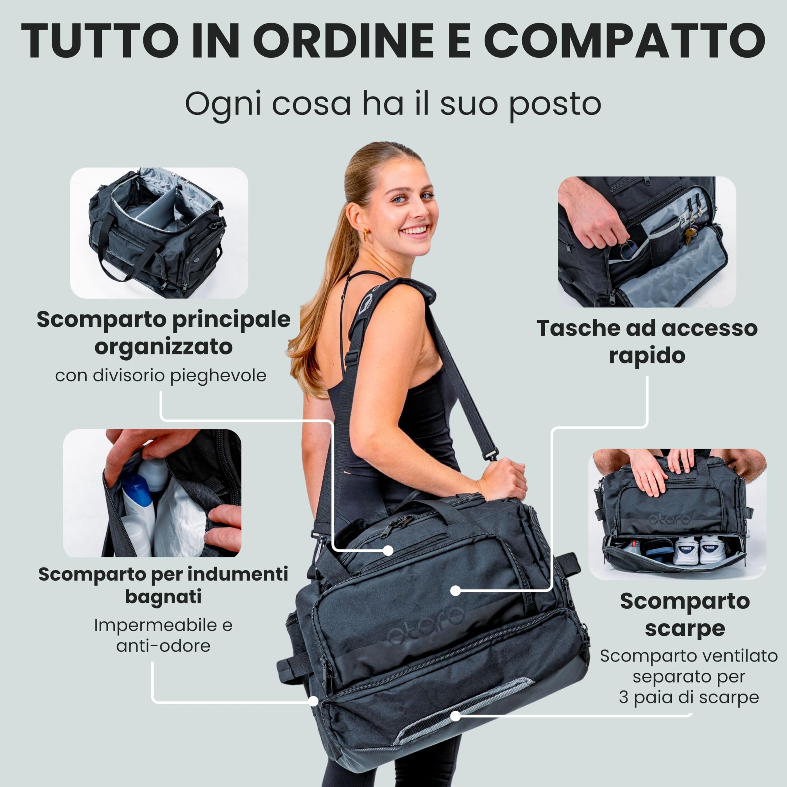 Otaro Borsone Palestra con Porta Scarpe & Vano Umido | 50L | Borsone da Viaggi | Gym Bag con Scomparto per laptop, Cinghie Zaino & Molti Scomparti | Borsone Palestra Uomo e Donna