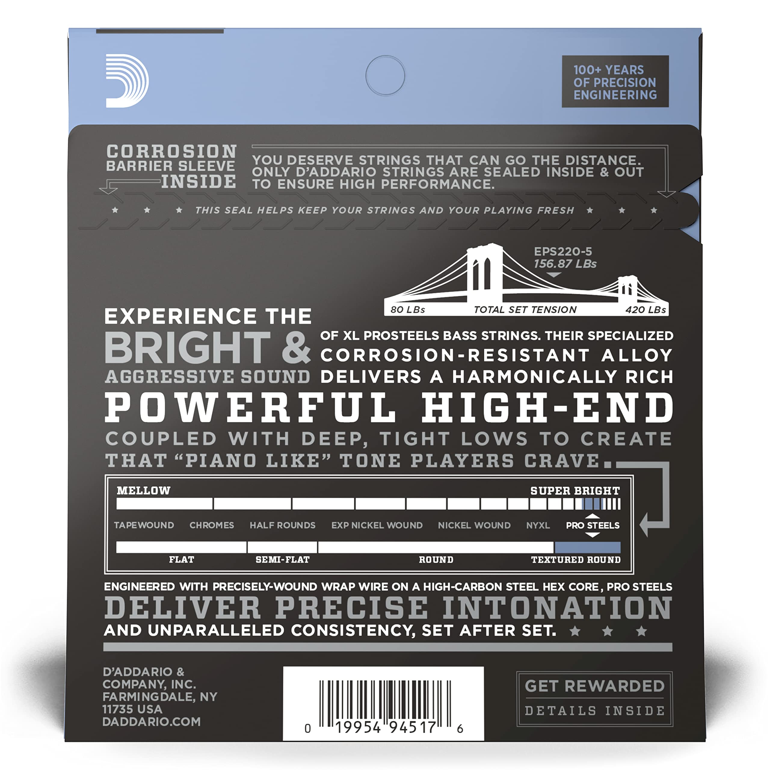 D'Addario XL ProSteels Struny Basowe EPS220-5, 40-125, 5-String