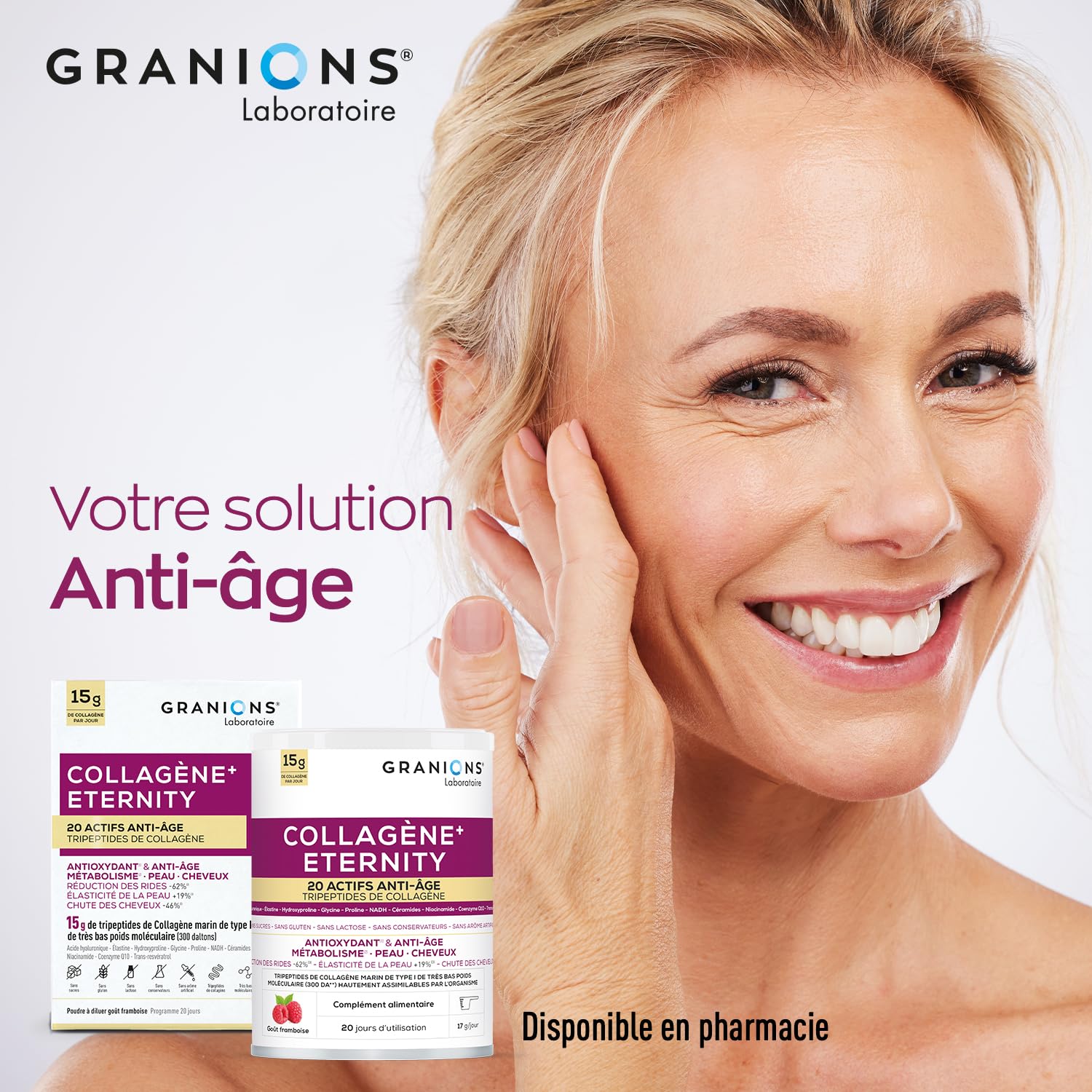 Collagene Marin Poudre - Granions Eternity - Acide Hyaluronique - 343g | Collagene Marin Tripeptides, Collagene Hydrolysé, Coenzyme Q10, Biotine, Anti-âge, Hydratation De La Peau, Pousse du cheveux