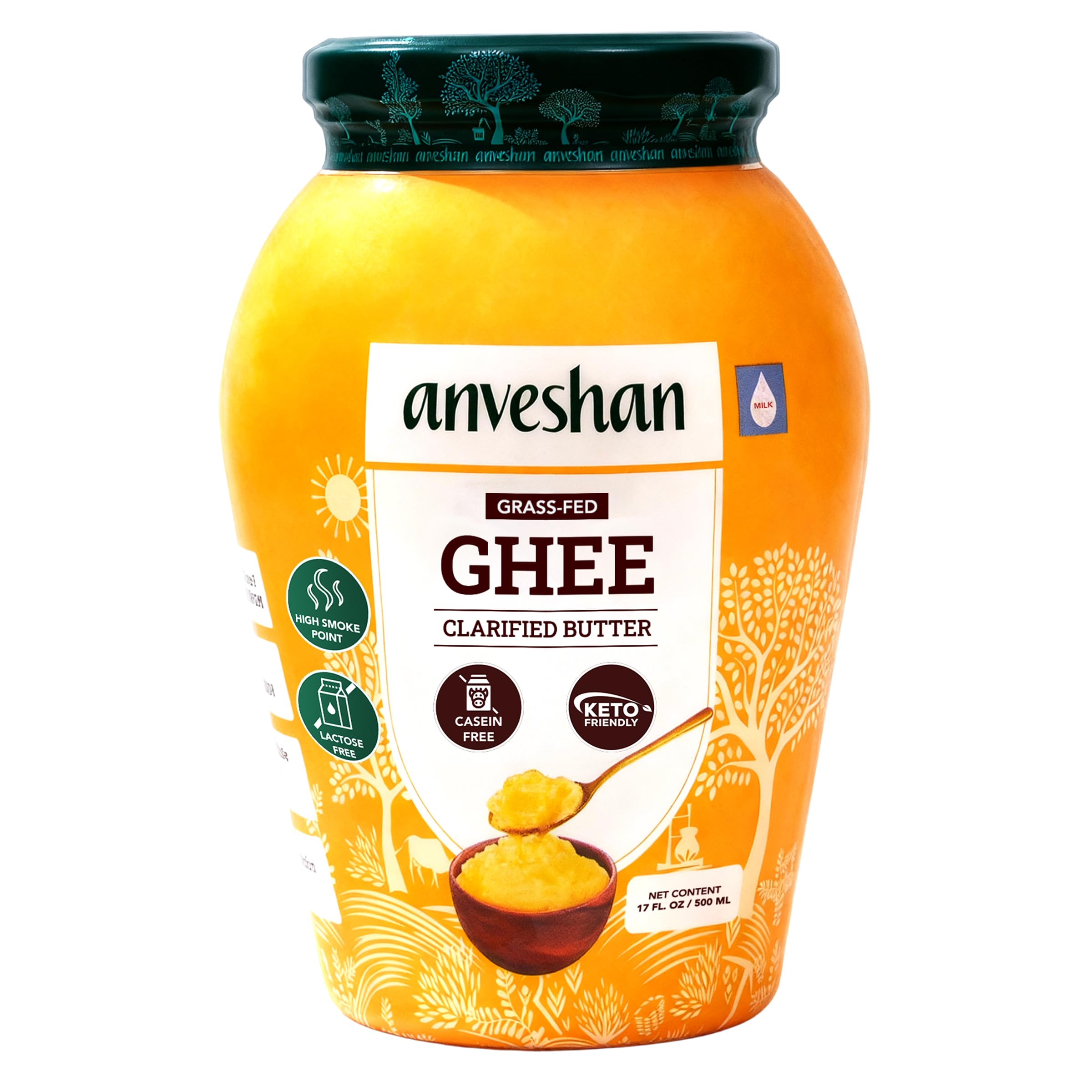 Anveshan Cow Ghee 1 Litre | Gut friendly | Keto friendly | High smoke point | Sustainably sourced | Casein free | Clarified Butter | Grass-Fed | Pasture-Raised