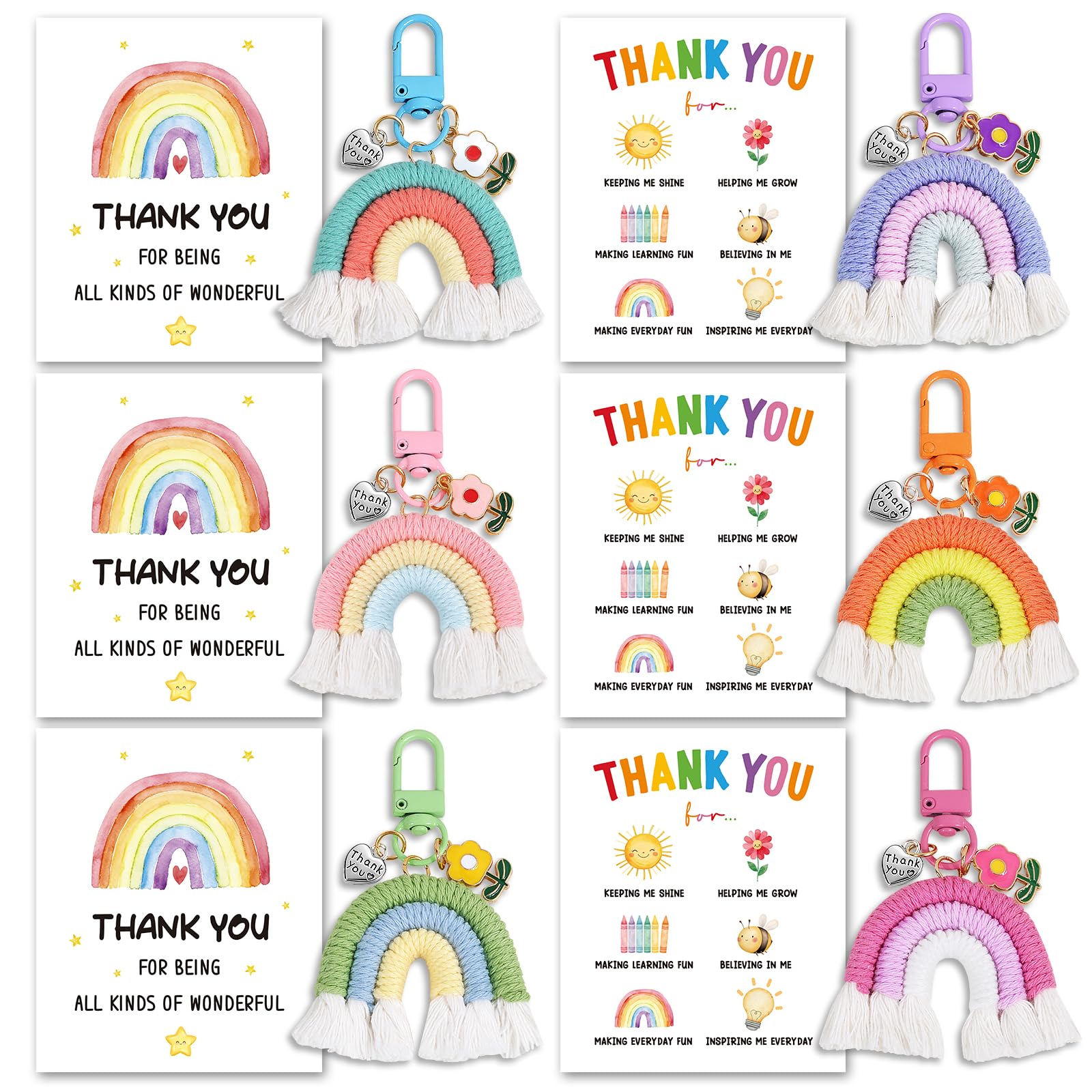 DOORIO Thank You Teacher Gifts, 6 Pack Rainbow Keyring with Thank You Cards Multipack End of Term Appreciation Gift for Teachers Graduation Leaving Gifts for Nursery Teacher Assistant