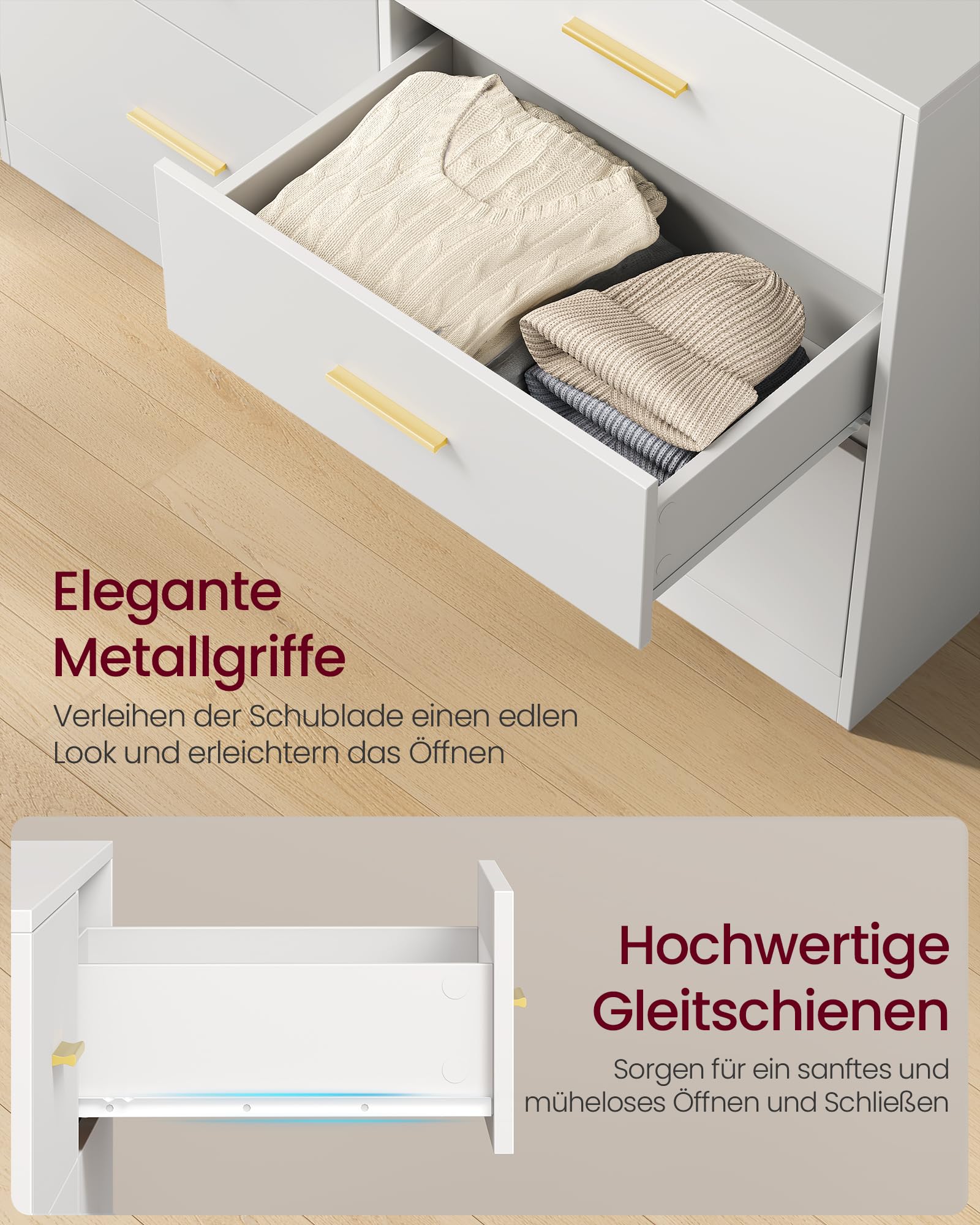 VASAGLE Custos Kollektion - Kommode, Kommodenschrank, modern, Sideboard, Aufbewahrungsschrank, für Wohnzimmer, Schlafzimmer, 6 Schubladen, 40 x 119 x 78 cm, wolkenweiß LTS416WB01
