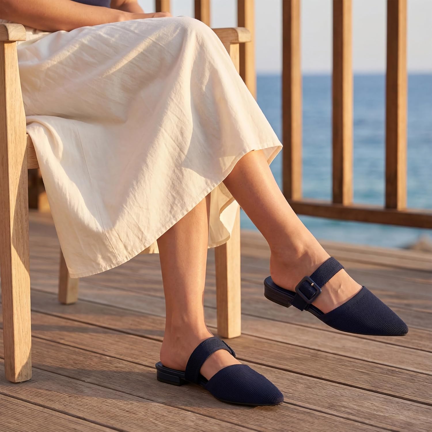 Trary Mules for Women Pointed Toe Knit Womens Flats Adjustable Strap Slip On Dressy Casual Spring Shoes Comfortable Breathable Fashion Backless Summer Loafers