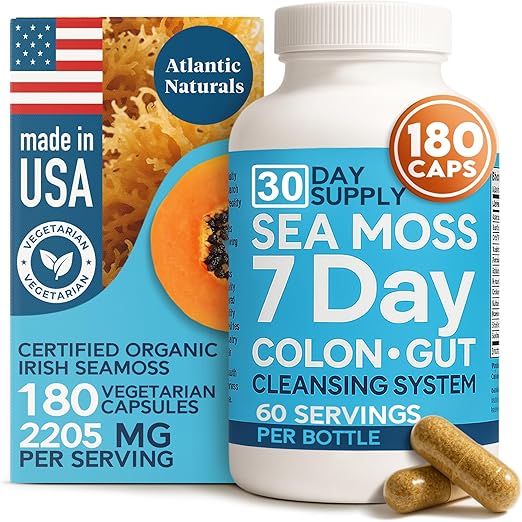 Atlantic Naturals Sea Moss 7-Day Colon & Gut – with Psyllium Husk Senna Powder, Golden Flax, Turmeric & Herbs for Digestive Health, Bloating, & Natural Flushing for Women & Men - 180 Capsules.