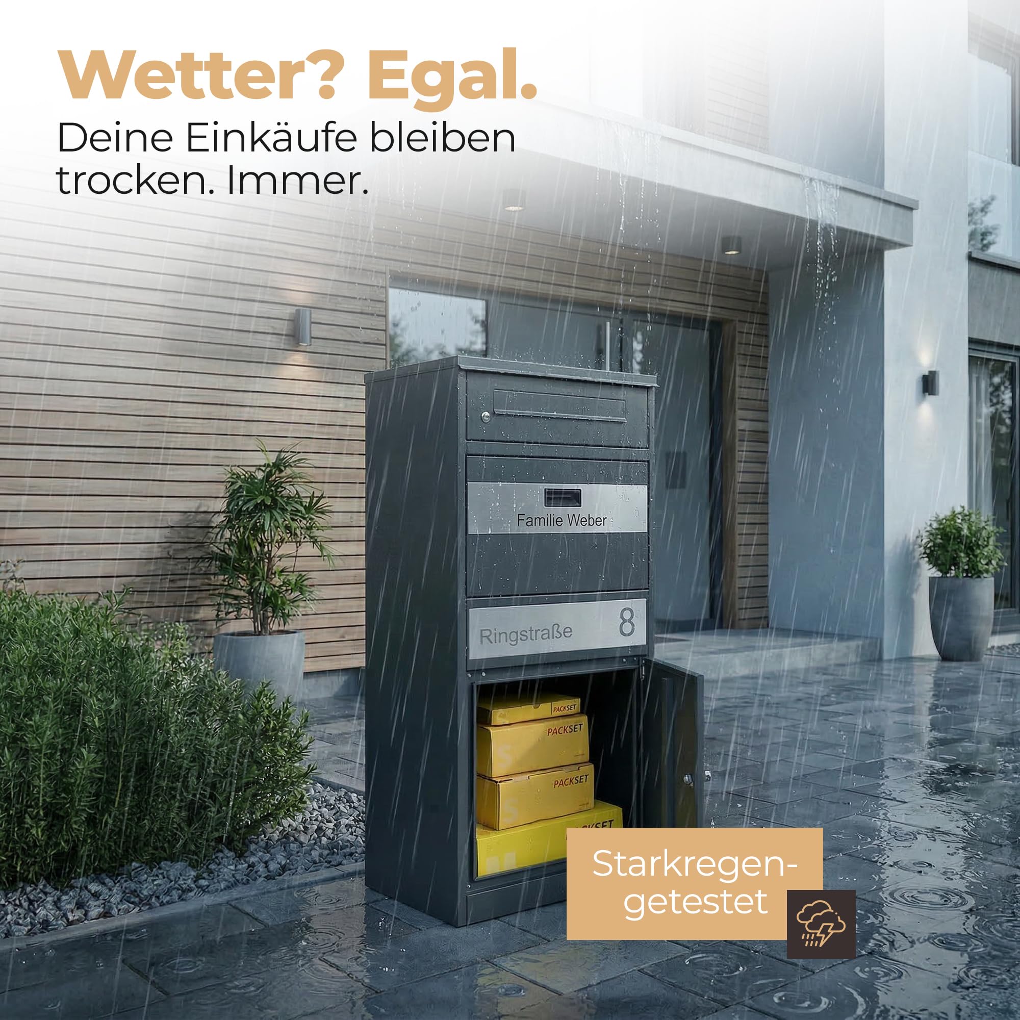 Paketbox Draussen Groß XXL (Anthrazit) | Briefkasten mit Paketfach Freistehend | 100% Wasserdicht & fertig Montiert | Diebstahlschutz Paketbriefkasten für Zuhause (DB703 Eisenglimmer)