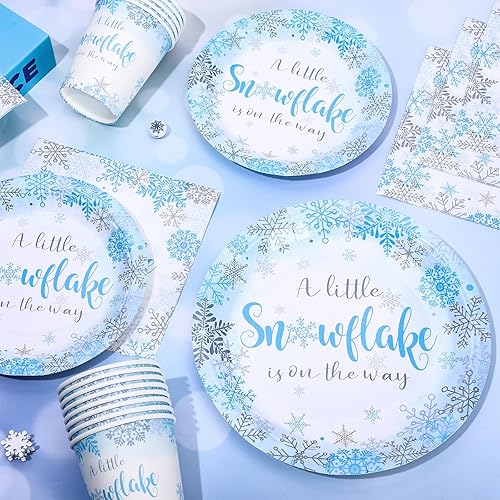 Miniatura 10 de AnyDesign - Juego de platos y servilletas de Navidad, 50 platos y 25 servilletas de almuerzo con 25 tazas de copos de nieve rosa, para baby shower,