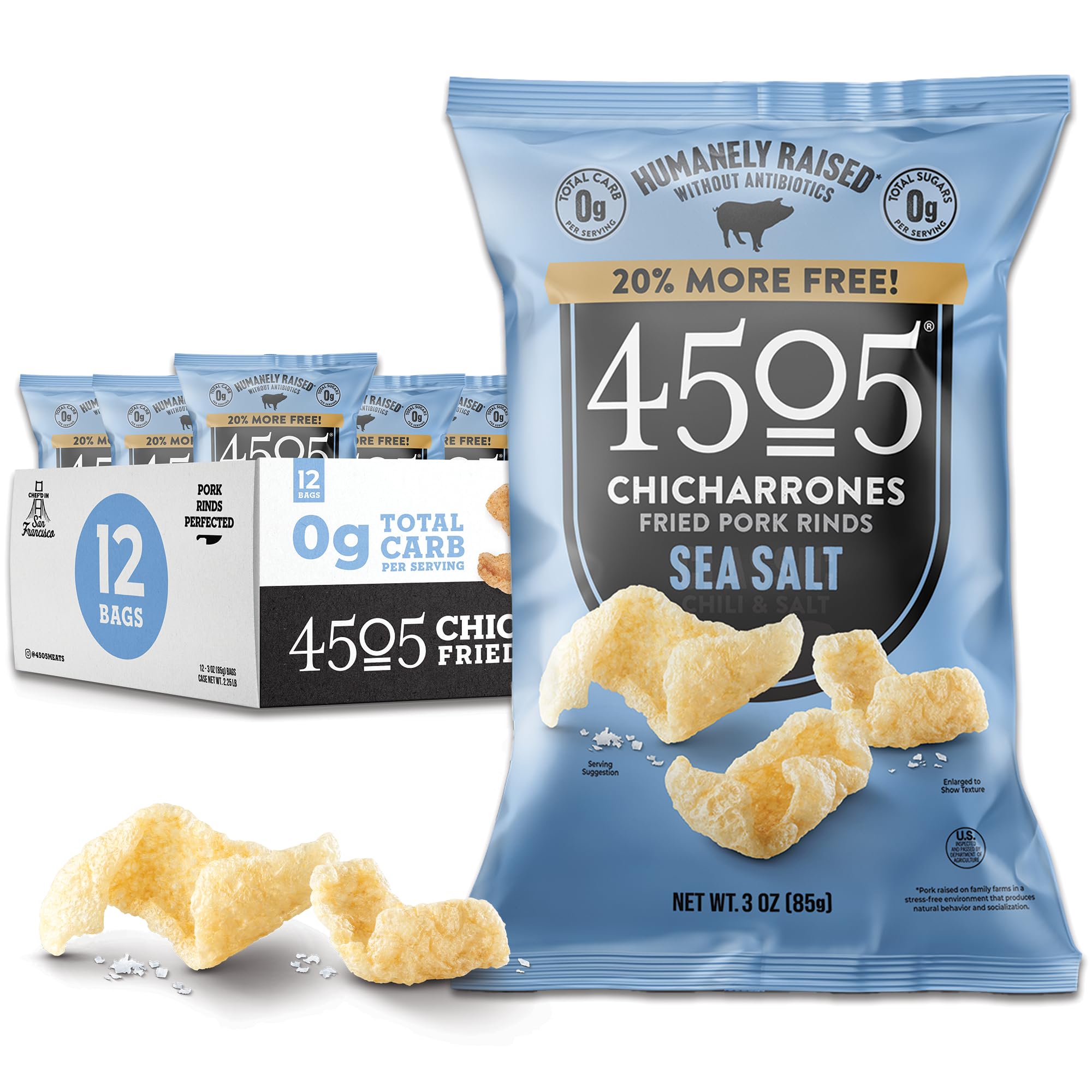 4505 Sea Salt Seasoned Chicharrones, Fried Pork Rinds - Sea Salt Flavored Pork Skins - Low Carb, Gluten-Free, Protein Snack - 3oz (Pack of 12) 3 Ounce (Pack of 12) Sea Salt