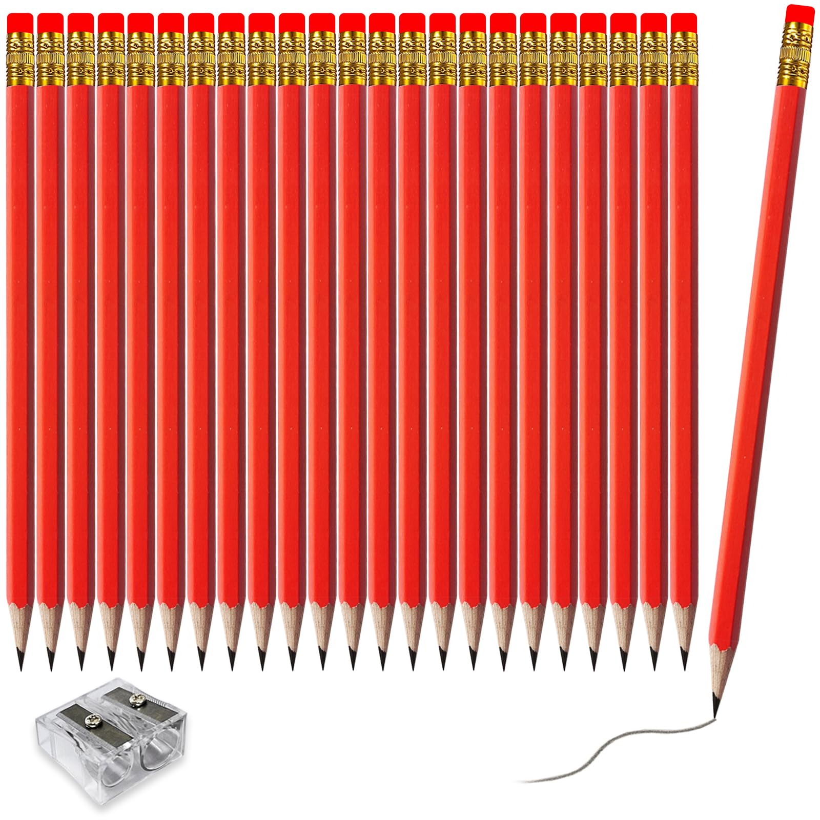 Adhere Wood-Cased pencils Pre-Sharpened 2B Pencils with Eraser, 25-Pack with free Sharpener ideal for home, office, or classroom writing (Red)