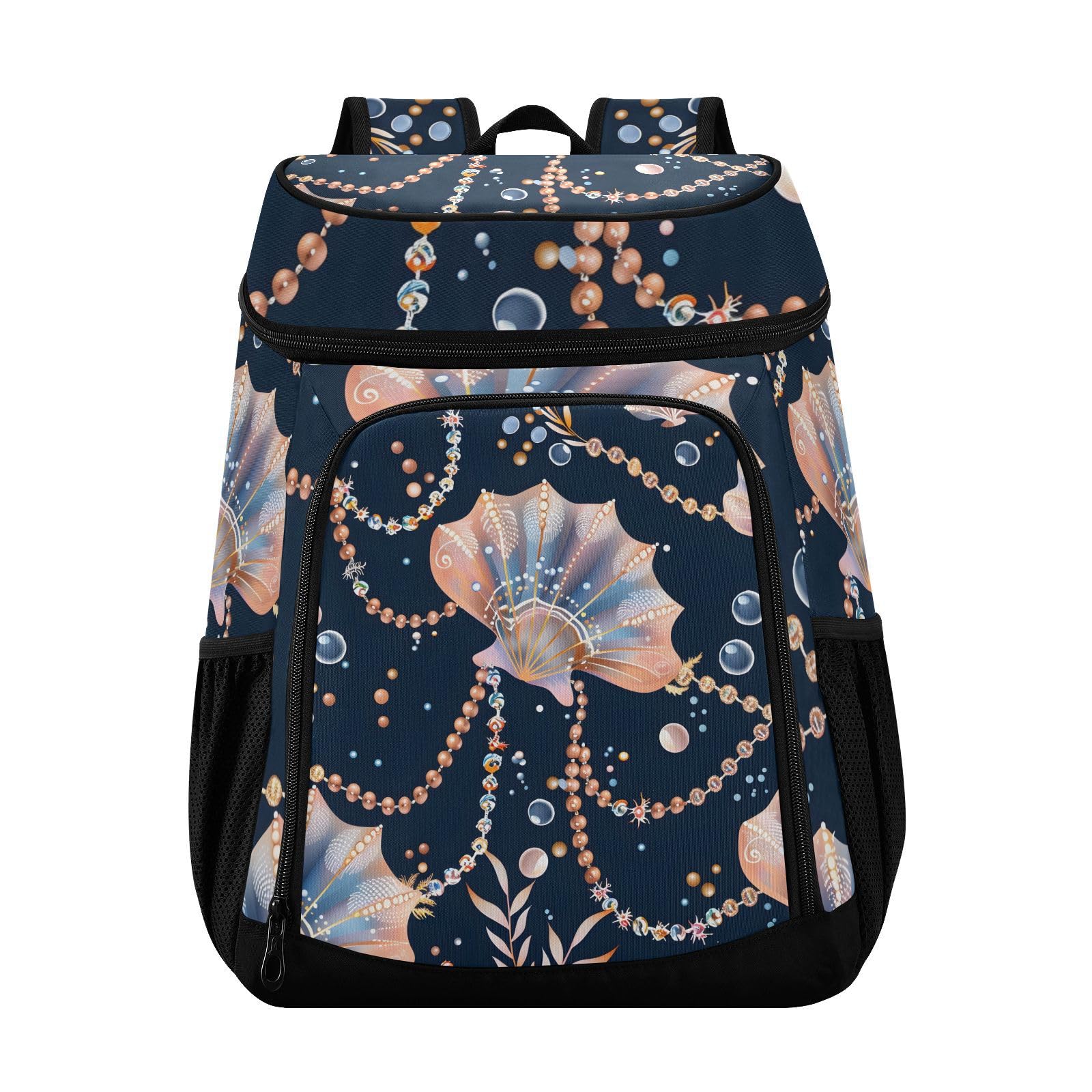Seashell Pearl Black Cooler Backpack Cooler Insulated Leak Proof Lunch Backpack 36 Cans Waterproof Soft for Men Women Picnic Hiking Camping Beach