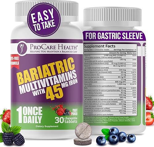 Procare Health Multivitamínico bariátrico con hierro 45 mg masticable (30 tabletas)  Píldoras masticables multivitamínicas bariátricas sabor ponche