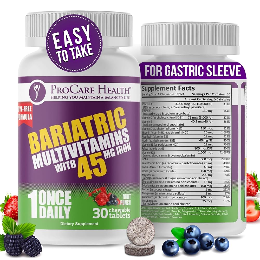 Procare Health Bariatric Multivitamin with Iron 45mg Chewable (30 Tablets) - Fruit Punch Flavor Bariatric Multivitamin Chewable Pills for Gastric Bypass & Sleeve Gastrectomy Patients (01 Month Supply)