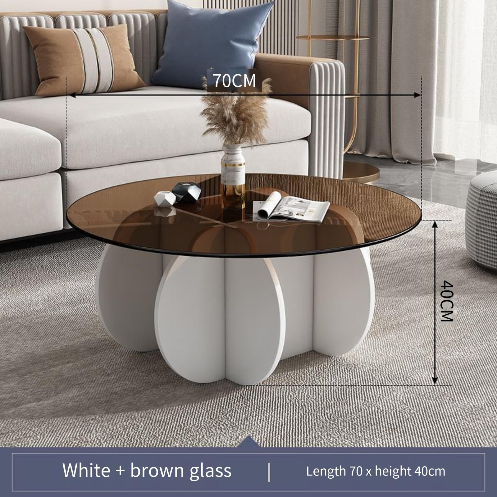 Tavolino Da Caffè Moderno Shrine – Rotondo Con Piano In Vetro E Ripiano In Legno Bianco, Gambe Dorate, 76 Cm – Per Soggiorno E Salotto - 2