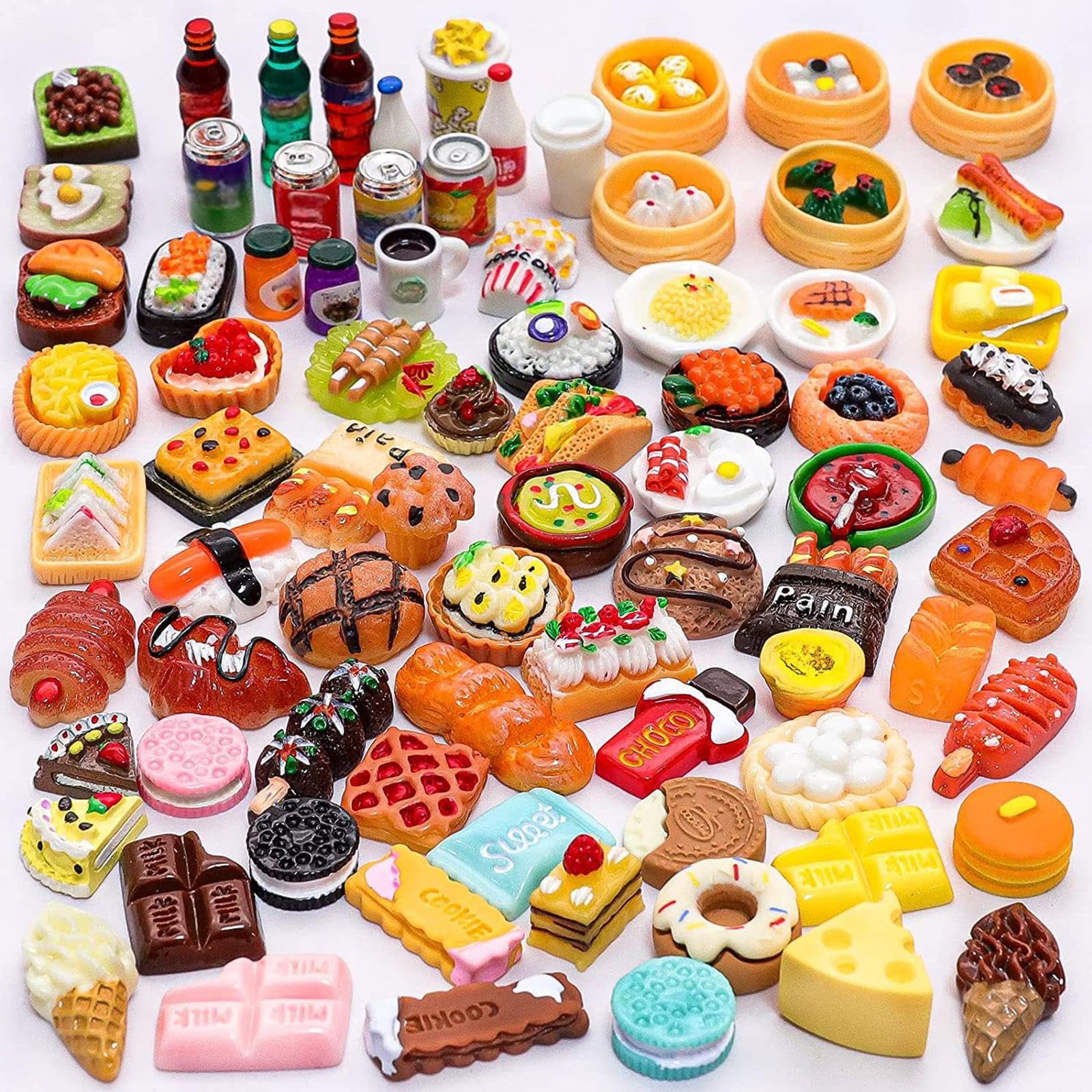 100 PCS Miniature Play Food Drink, Toy Kitchen Accessories, Mini Pretend Food Set, Resin Tiny House Dolls House Accessories, Realistic Pretend Foods Play for Dollhouse Kitchen, Kids Educational Toys — image 1