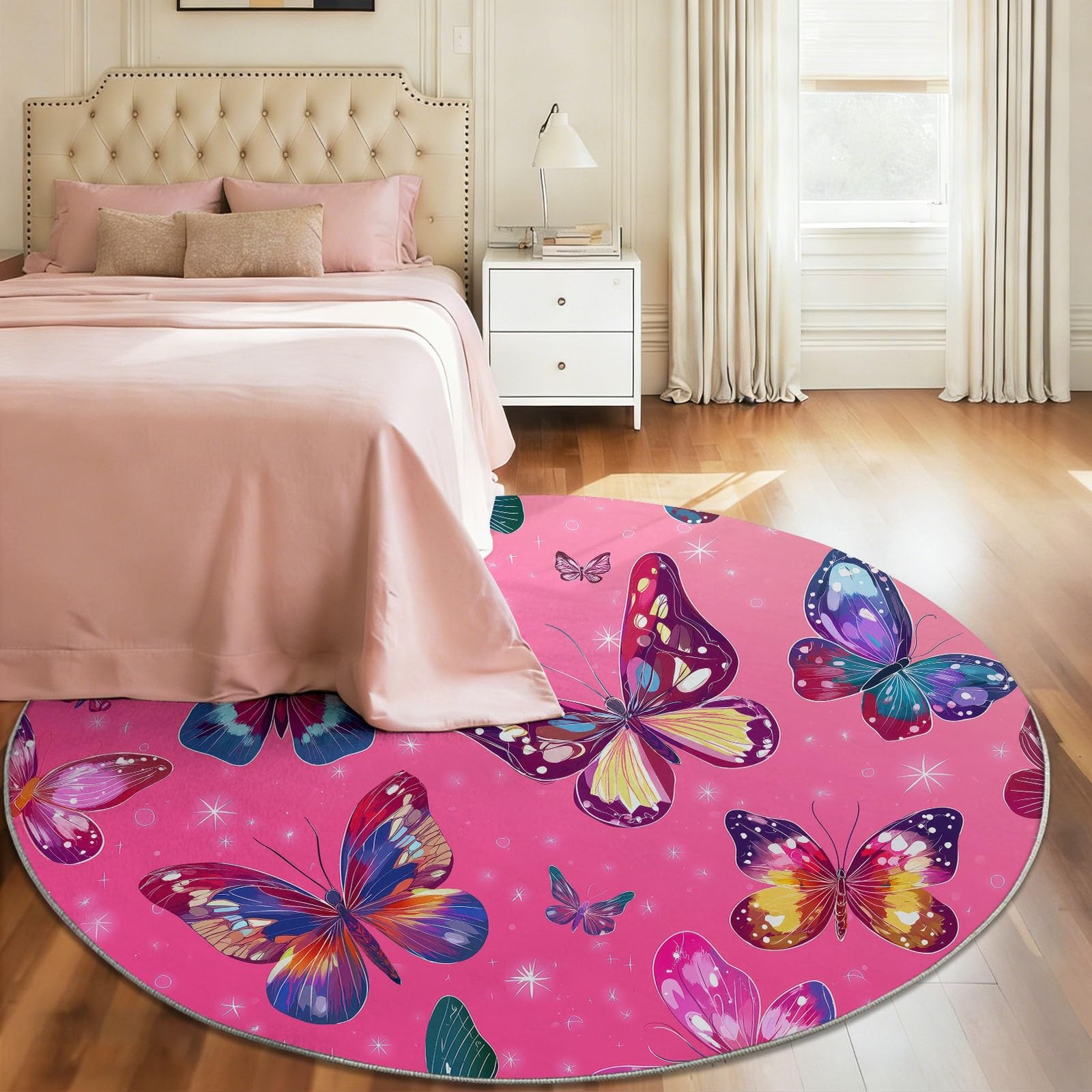 Alfombra Redonda 100 cm Rosa Onírico Lindo Animal Mariposa, Alfombra Pelo Corto para Salón, Dormitorio y Oficina, Antideslizante y Lavable, Apta para Robot Aspirador, Suelo