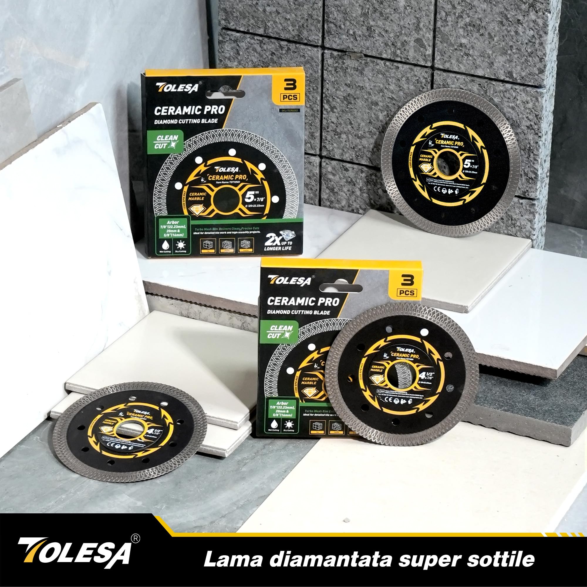 TOLESA Disco Diamantato 125 mm, Disco da Taglio Extra Sottile per Piastrelle, Ceramica, Marmo e Granito, Per Taglio a Secco o ad Acqua, Foro 22,23 mm con Anelli Adattatori 20 mm & 16 mm (Set da 3)