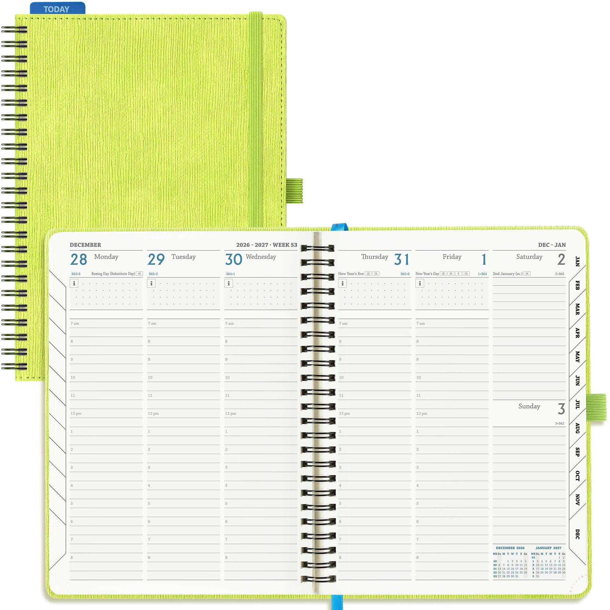 IN-LUXPRO Academic Diary 2026-2027 Week to View A5 Medium (21.9x16.2 cm)Spiral 18 Months(Jul'26 -Dec'27)Mid Year Diary 26/27 Vertical Weekly Planner with Timeslots& Month Tabs, PU Leather Apple Green